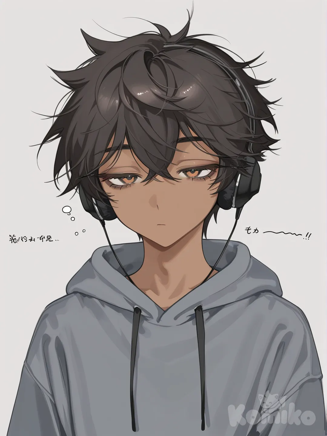 1boy, [semi-realistic--style], upper body. He has tan skin, sleepy amber eyes, tan brown skin, fluffy black hair, grey hoodie, long eyelashes, he wears black glasses, he has a ear piercing, headphones, upper body, he has a slim athletic waist, semi realism anime