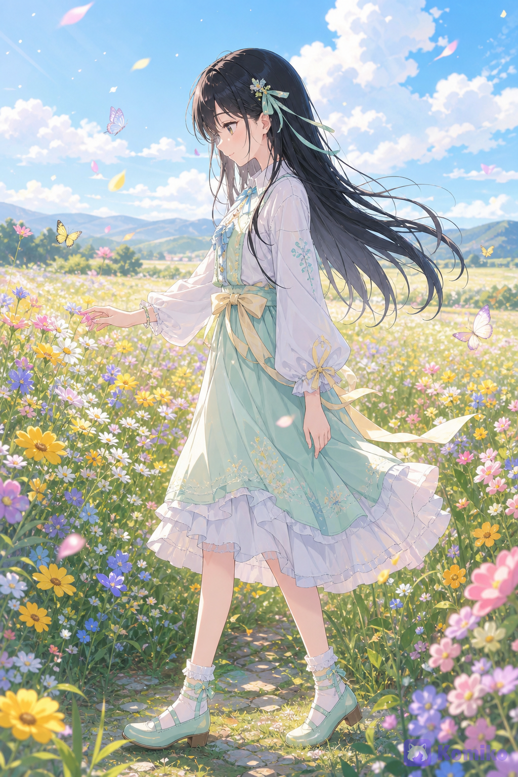 A full-body anime scene of Sumiku, an original character, peacefully walking through a beautiful flower field on a bright spring morning. The scene captures a natural candid moment, like a beautiful frame from an anime episode. Sumiku is not posing for the camera and is not looking at the viewer. She is shown from a gentle side profile view, looking softly at the flowers around her. Her entire body is visible from head to toe. She has balanced anime heroine proportions, a natural body structure, proportional head size, elegant posture, and accurate anatomy. She has a normal anime character design, NOT chibi, NOT super deformed. Sumiku has long straight black hair flowing down to her waist. Her hair moves softly with the spring breeze, with silky strands and natural movement. Some loose strands gently frame her face. Sunlight shines through parts of her hair, creating soft highlights. Her eyes are soft black and sparkling naturally. She has a peaceful, warm expression with a small gentle smile. She looks curious and happy while enjoying the flowers, like she found a quiet little corner of the world. She wears a refreshing pastel outfit with mint green, baby blue, and light yellow colors. The outfit is modest, comfortable, and charming, with delicate ribbons, subtle patterns, soft fabric texture, and natural folds. The clothing moves slightly with the breeze. She walks slowly through a field of flowers. Some flowers gently brush against her dress as she passes. One hand lightly touches a flower beside her, while the other hand rests naturally by her side. Her pose is relaxed and natural. The flower field is filled with many small colorful flowers, green grass, and tiny plants. Flower petals float gently through the air. Butterflies fly nearby. The sunlight creates a soft golden glow, making the scene feel dreamy and magical. The background shows a peaceful spring landscape with distant hills, a clear blue sky, fluffy white clouds, and endless flowers stretching into the distance. The atmosphere feels wholesome, innocent, and heartwarming, like a precious memory from Sumiku's story. Anime-style original character illustration, full body, side profile, natural pose, accurate anatomy, balanced proportions, black hair, sparkling eyes, pastel colors, spring flower field, soft sunlight, dreamy atmosphere, peaceful anime scene, ., @cheng-meng-xia-OIuu
