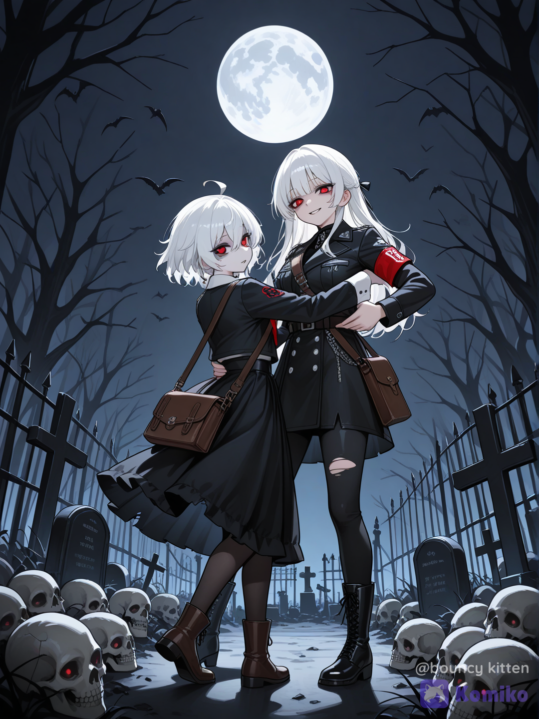 @ghullo-Ltz6, dancing on graveyard with, @skeletty-TqtW, night, full moon, ravens, bats, many graves, rotten fence