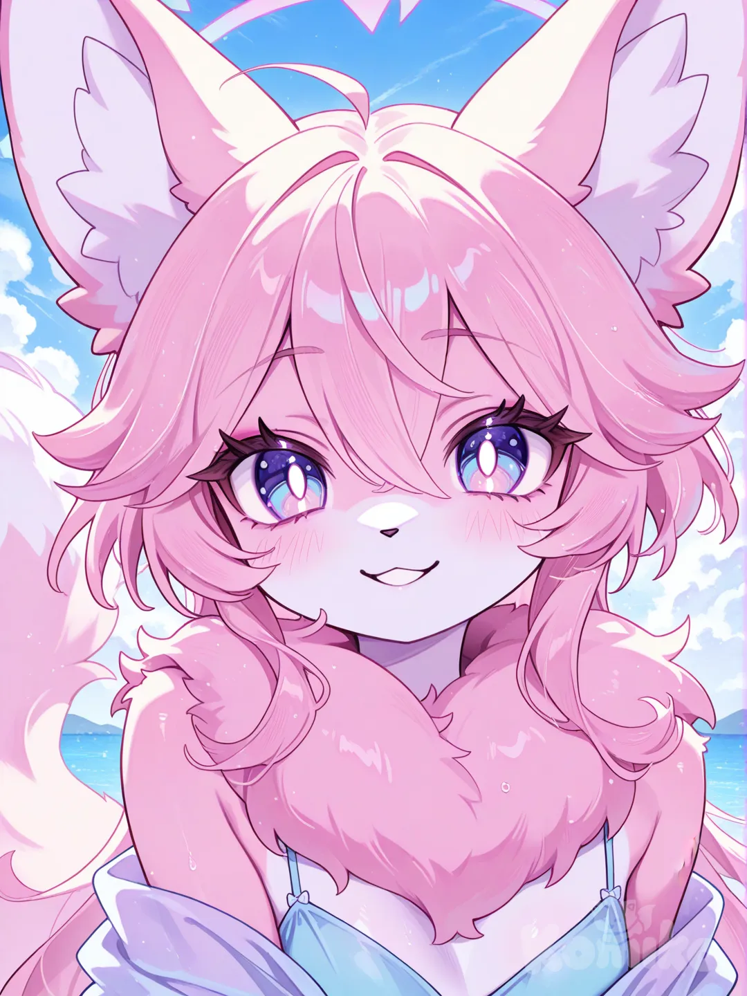 1girl, furry, anthropomorphic character, cute, smiling, colorful fur, vibrant eyes, playful pose