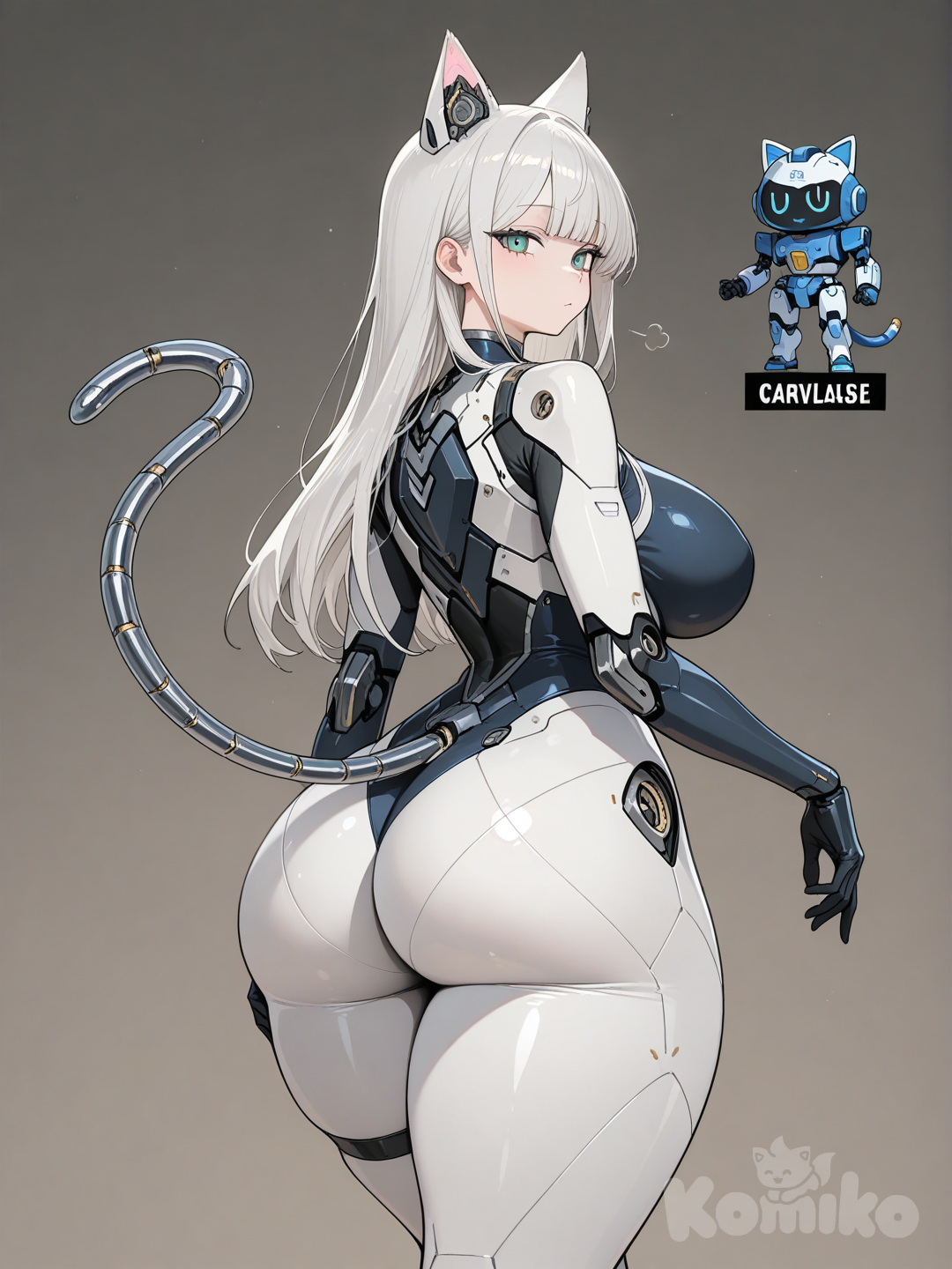 A thicc, long-haired, robot humanoid cat.