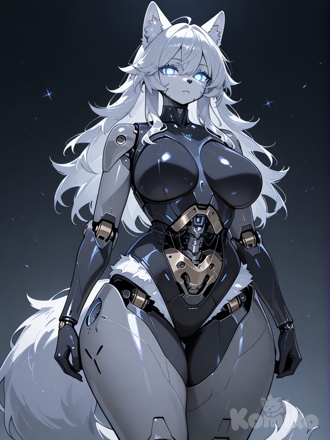 Thicc, long-haired, robot wolf furry.