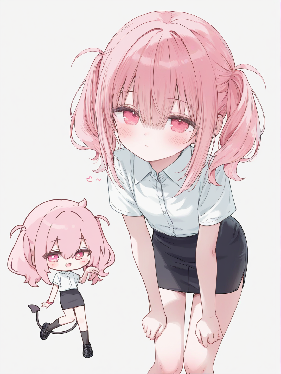 [soft-pastel-style] 1girl, chibi, demon, tall, slim, teenager, pink_hair, pink_eyes, dimple, fair_skin, bohemian_shirt, ruffles, pencil_skirt, single_character, full_body, looking_at_viewer, anime_style, simple_background, white_background