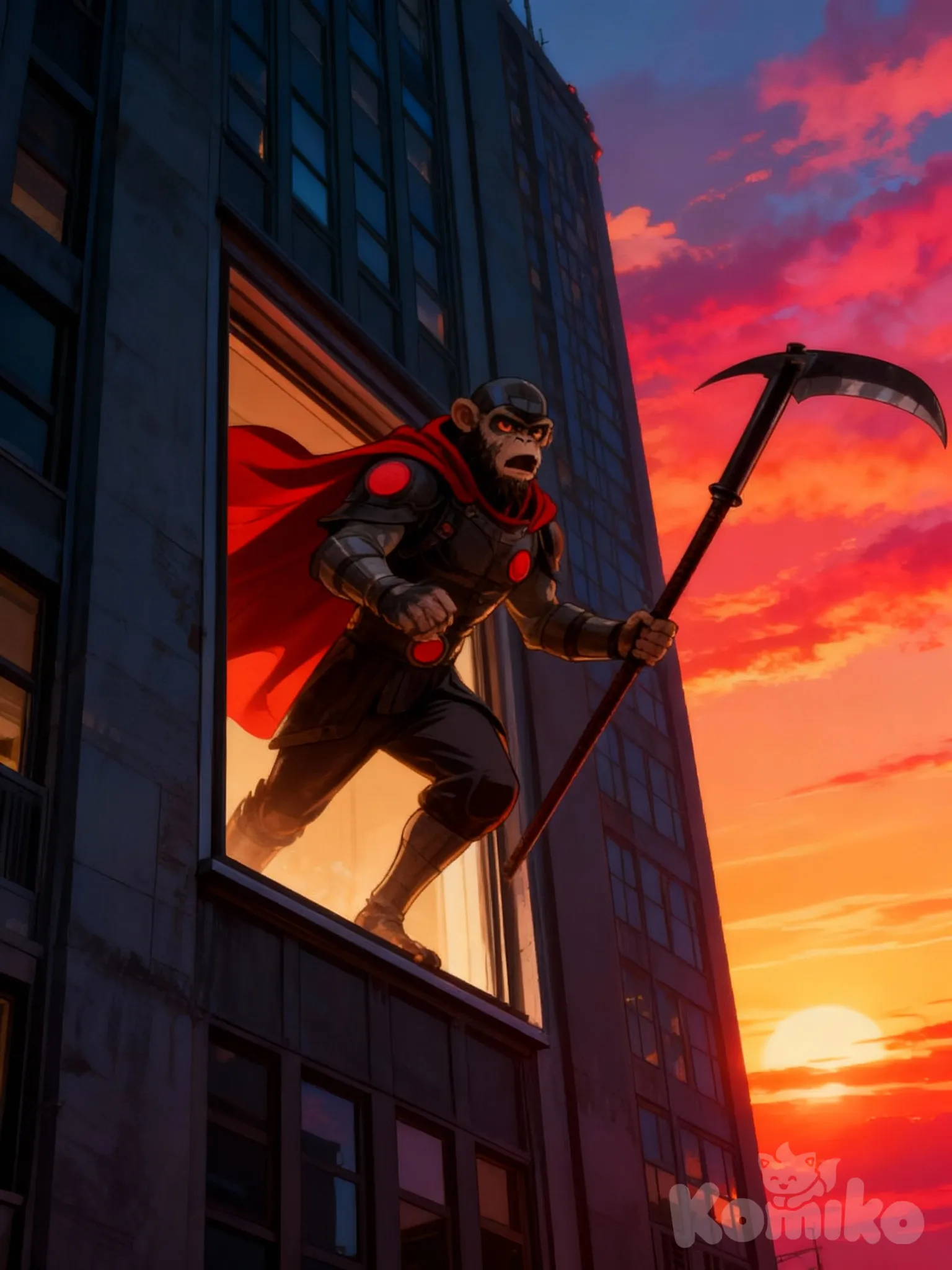 Gemini_Generated_Image_kyj664kyj664kyj6 personaje mono antropomorfo estilo artístico con una súper pose fondo de pantalla con su súper arma y con un fondo el personaje saliendo desde un edificio desde su ventana y el cielo se vea hermoso