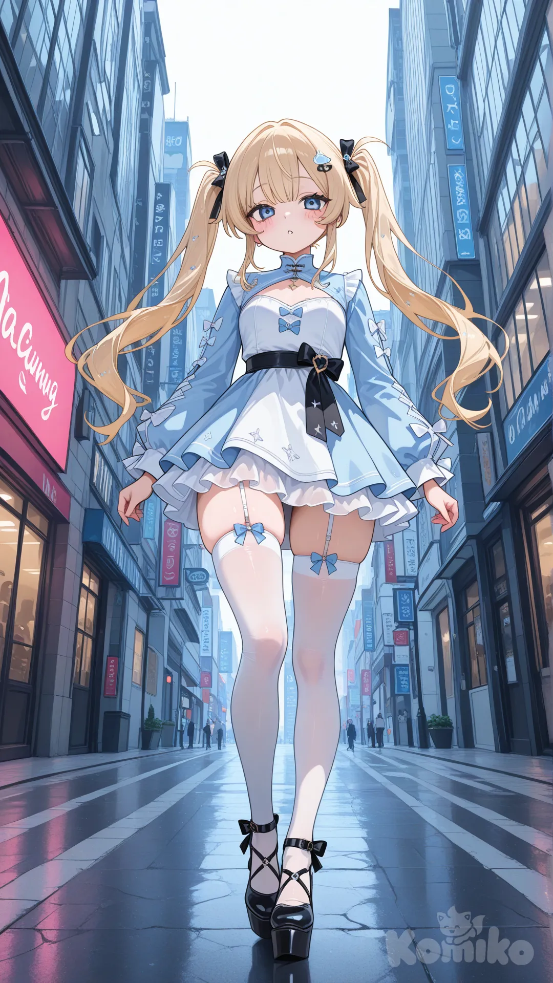 1 girl, blonde, long pigtails, blue eyes, light blue mini dress, black sash, high white stockings, black platform heels, walking through the city, high definition, full body, 8k ultra