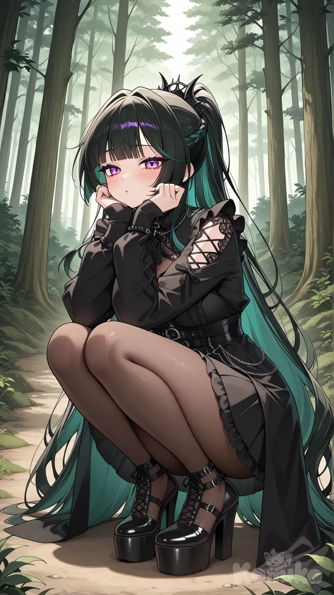 @Azami,black platform heels, squatting, in the woods, high definition