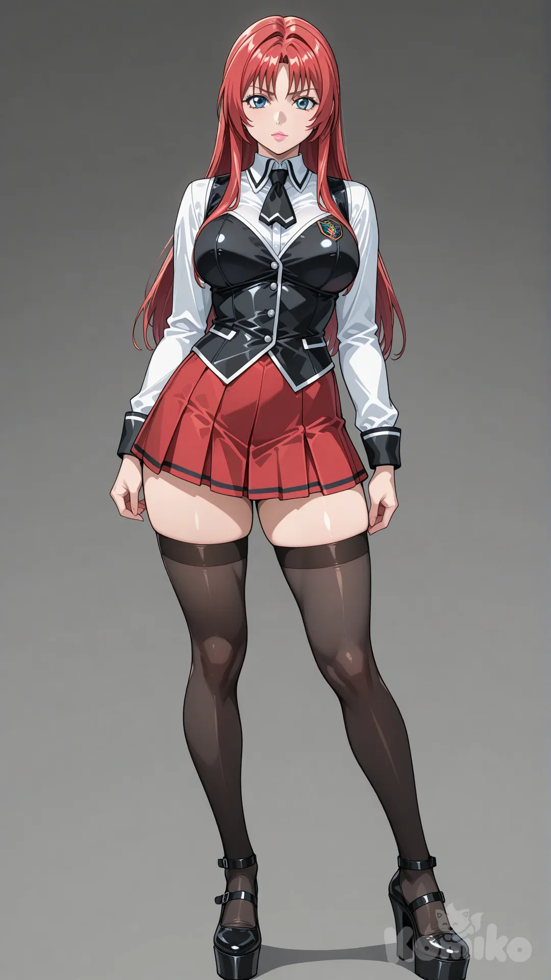 1 girl, long straight red hair, blue eyes, pink lips, white shirt, black vest, red pleated miniskirt, black thigh-high stockings, school uniform, black platform heels, Bible Black origins, high definition