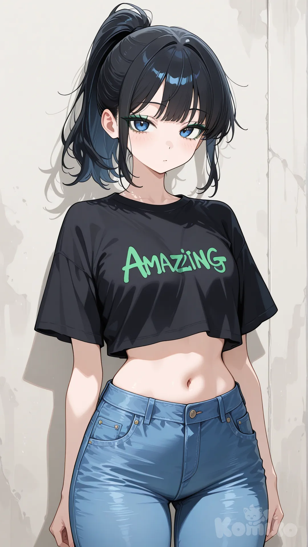 1 woman, black ponytail, blue eyes, green eyeshadow, black t-shirt, navel, blue jeans, high definition