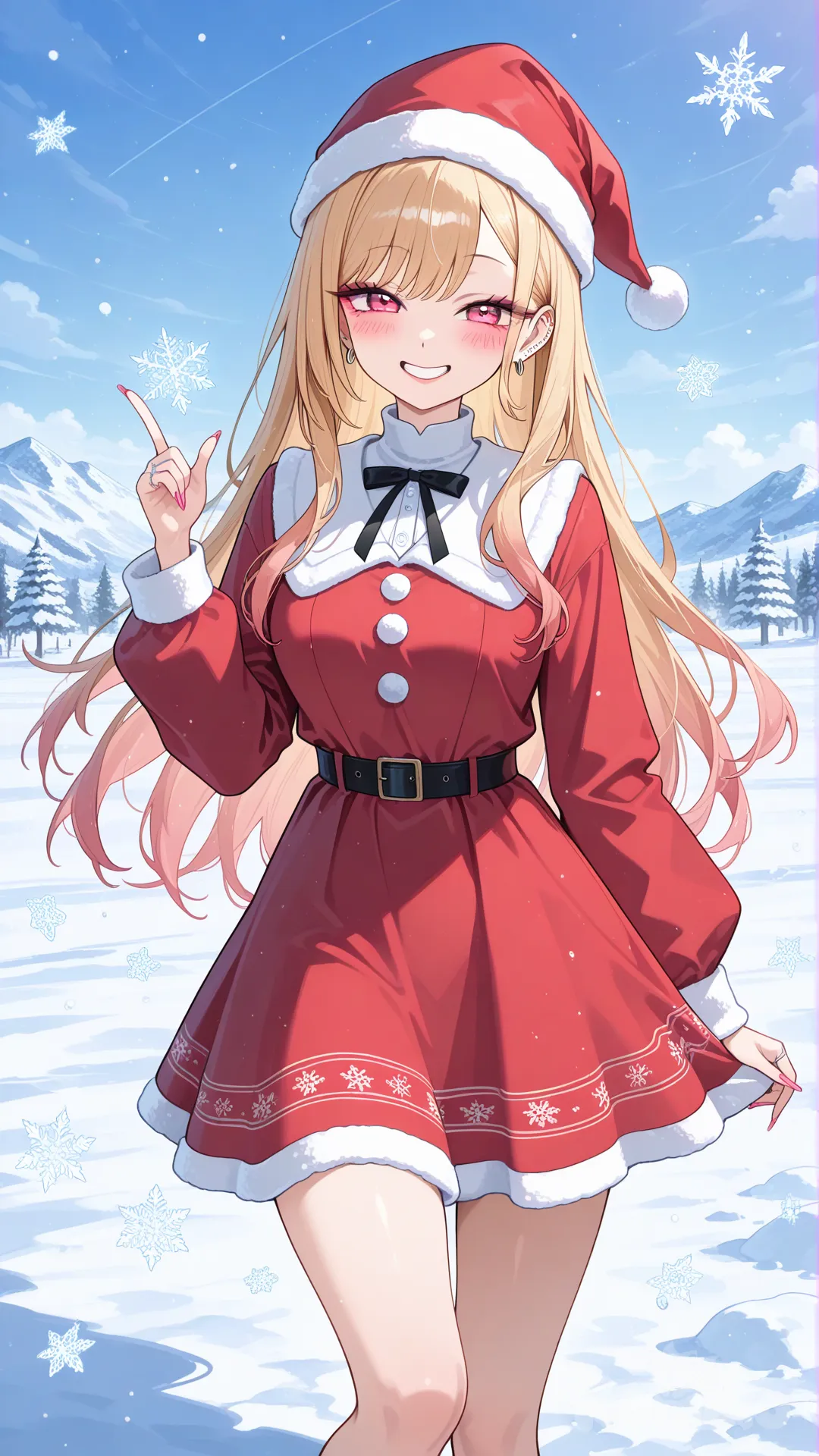 Marin Kitagawa, red dress, red hat, Christmas, high resolution, snow, North Pole
