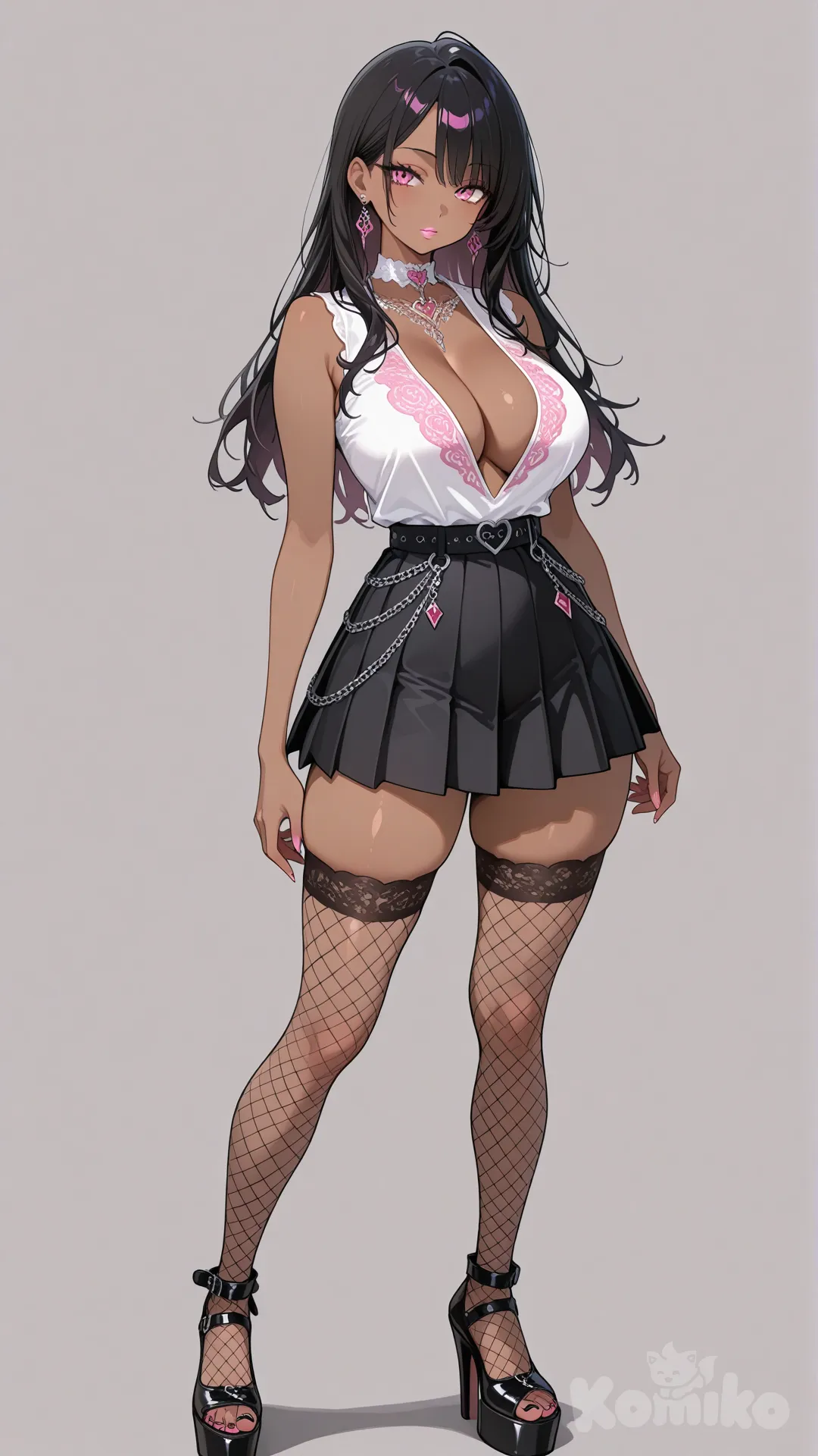1 girl, long black hair, brown skin, pink eyes, pink lips, sleeveless shirt with a plunging neckline, black pleated miniskirt, black fishnet stockings, black platform heels, high definition