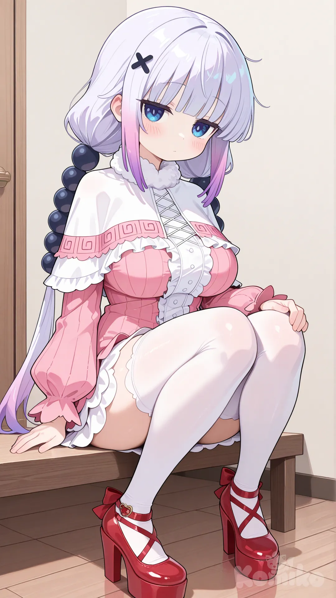 Kanna Kamui (Kobayashi), large breasts, short pink dress, white thigh-high stockings, red platform heels, sitting on the floor, high definition, hair ornaments