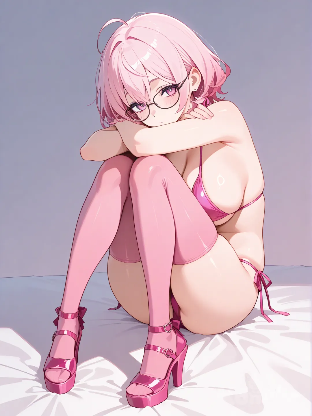 Kobayashi, pink hair, glasses, large breasts, pink bikini, pink thigh-high stockings, pink platform heels, sitting, high definition