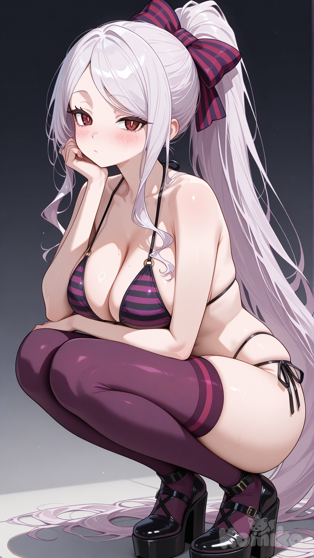 Shalltear Bloodfallen (Overlord), red eyes, long white hair, large breasts, black bikini with purple stripes, purple thigh-high stockings, black platform heels, squatting, high definition, 8k ultra