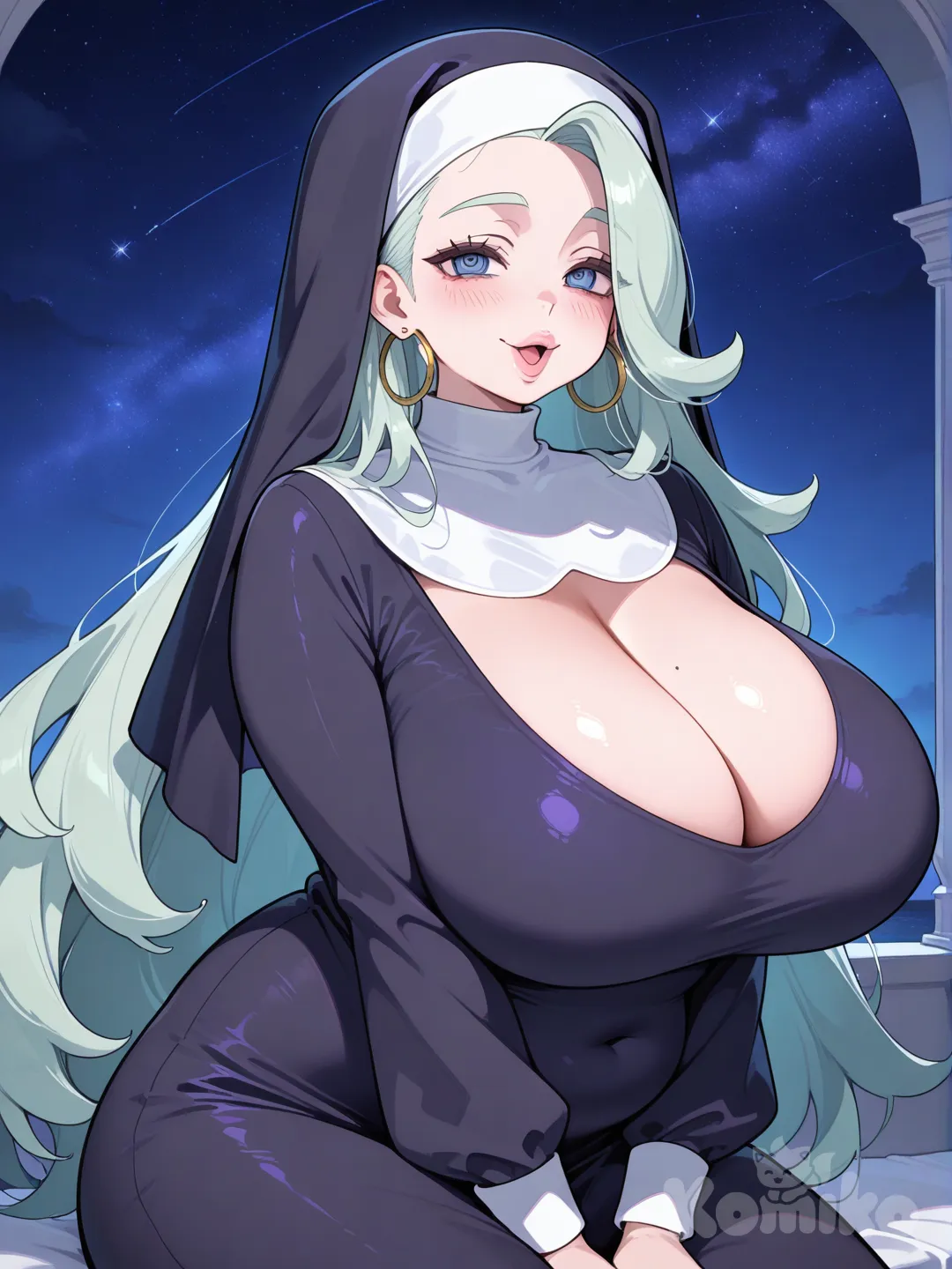 vestimenta de monja, look estilo Bimbo, en una pose sexi, con cara de ahegao, con tetas muy grandes, con aretes circulares muy grandes, con un fondo de noche, con labios carnosos, Hex Maniac (Pokemon), Melony (Pokemon)