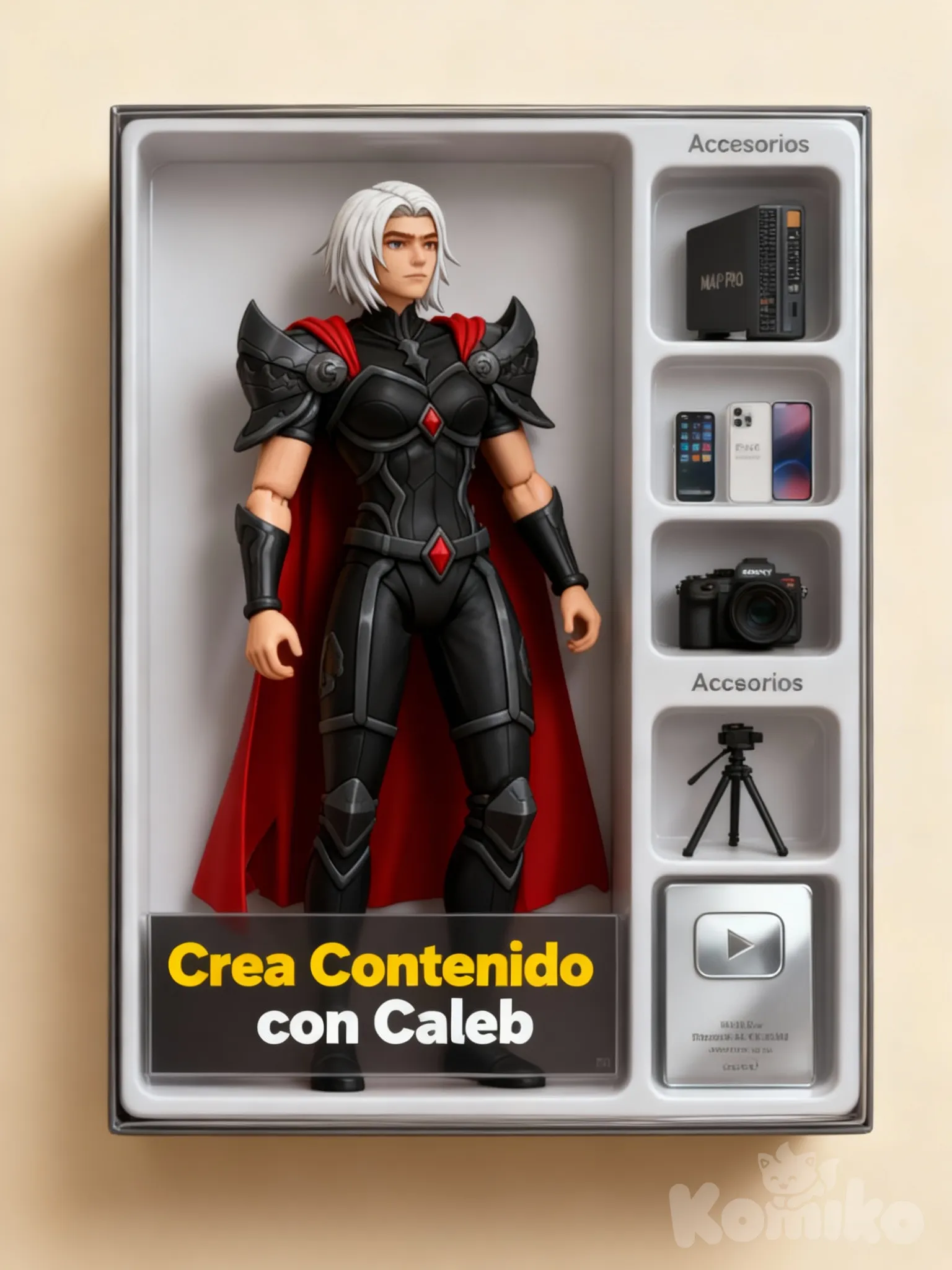 Prompt: Crea una figura de muñeco

coleccionable en un empaque estilo minimalista etiquetado como "Crea Contenido con @eduardgonzaal" siendo de color amarillo las 3 primeras palabras y la última blanca. Básate en la foto adjunta para diseñar mi muñeco: piel clara, complexión mediana y la misma ropa. En una parte del empaque debe aparecer la sección Accesorios que incluyan una MacPro, iPhone 16 Pro Max, cámara Sony, tripié y un placa de Youtube plateada, cada accesorio en su propio compartimento. El fondo del empaque es color Beige.