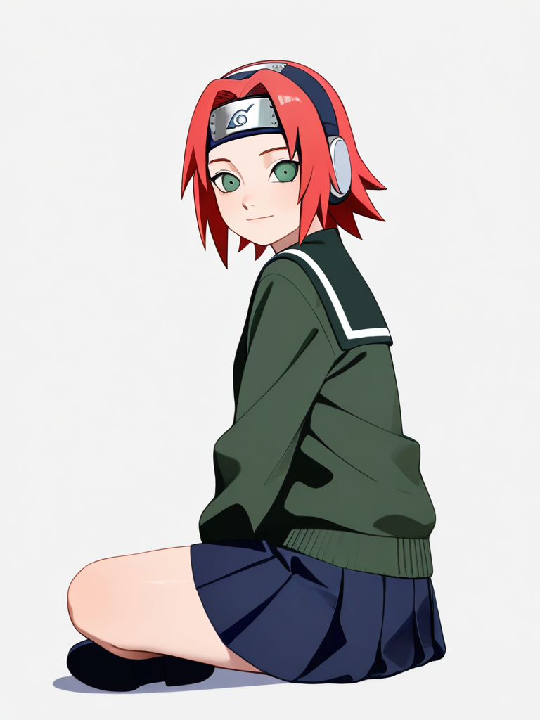 1girl, red_hair, short_hair, green_eyes, dimples, fair_skin, school_uniform, headband, headphones, naruto_(style), single character, full body, looking at viewer, simple background, white background