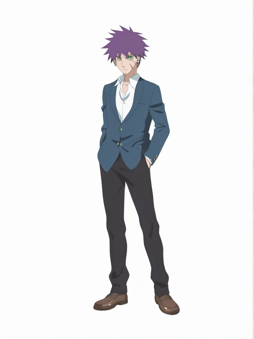 [bright-anime-style] 1boy, naruto style, purple hair, green eyes, scar, fair skin, school uniform, earrings, tall, teenager, single character, full body, looking at viewer, anime style, simple background, white background