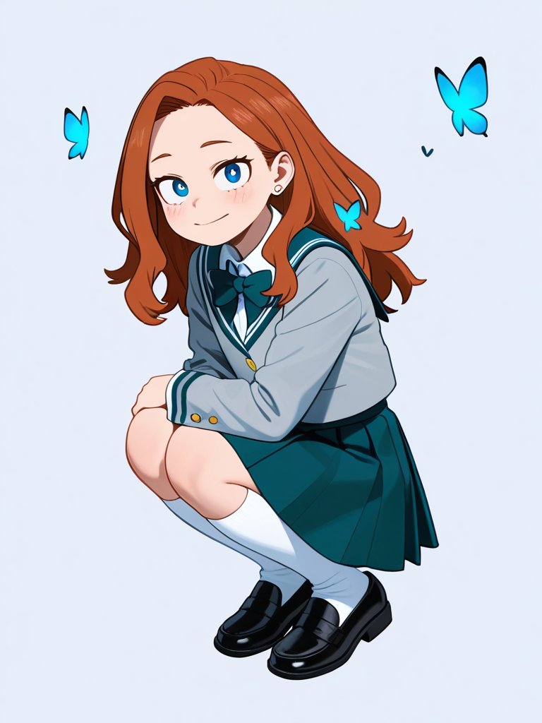 1girl, my_hero_academia, short, teenager, long_hair, cyan_hair, blue_eyes, dimple, fair_skin, school_uniform, white_earrings, white_and_cyan_knee_socks, blue_butterfly_necklace, single_character, full_body, looking_at_viewer, simple_background, white_background