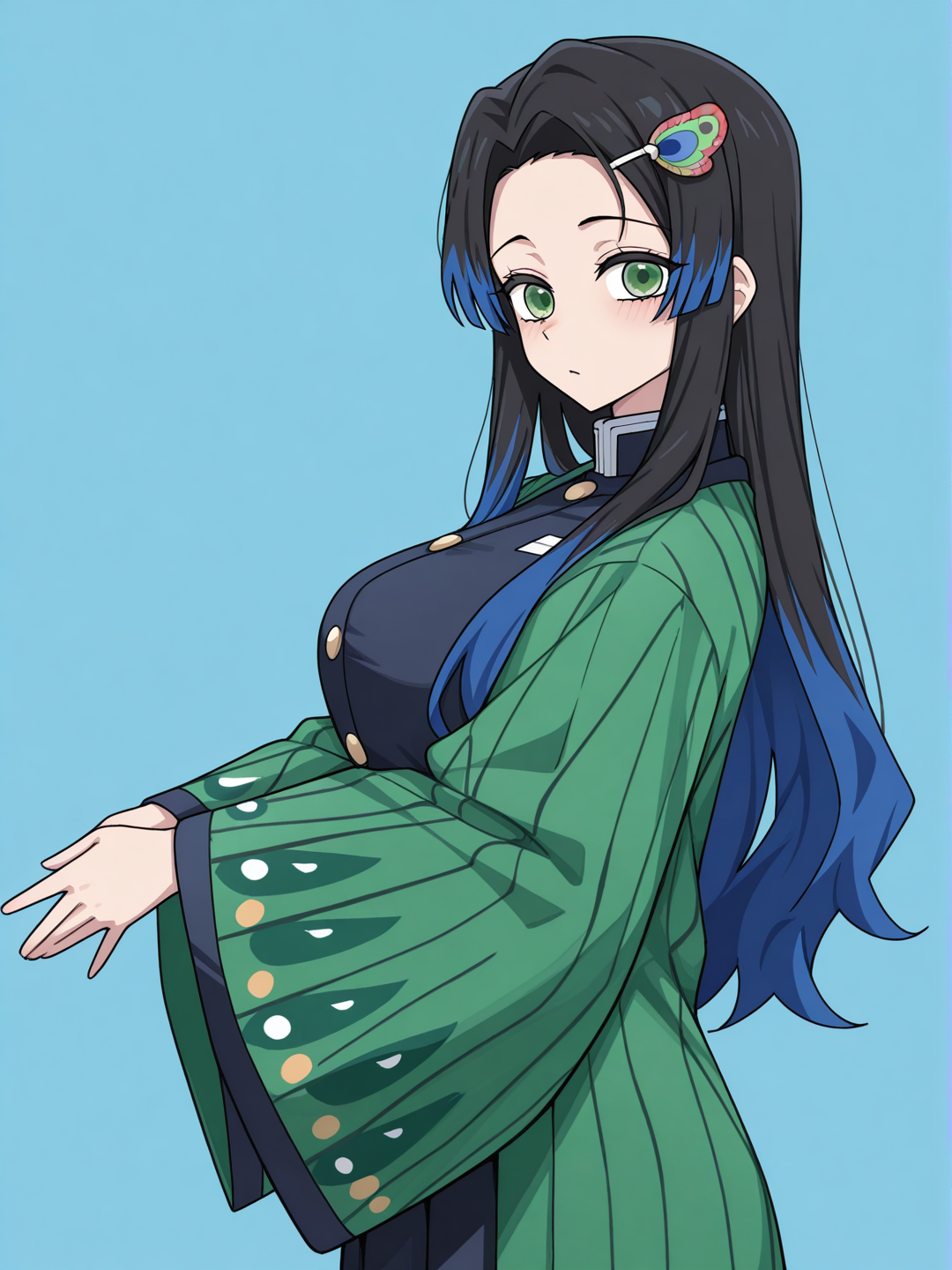 [toon-shaded-style] 1girl, kimetsu_no_yaiba, mature female, curvy, average height, straight long hair, black hair, blue hair, green eyes, light skin, hashira uniform, haori, peacock print, blue and green, hair ornament, peacock feather, peacock, single character, full body, looking at viewer, anime style, simple background, light blue background