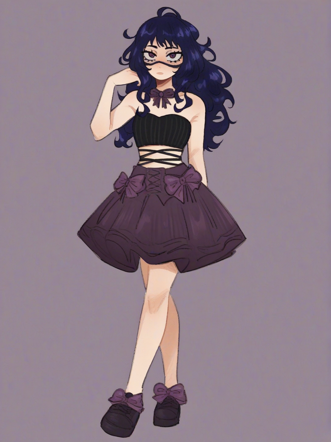 [soft-shaded-moe-style] 1girl, my hero academia, teenager, short, riverway blue hair, curly hair, dark purple eyes, black tube top, dark blue skirt, dark purple stripes, dark blue shoes, black designs, dark purple bow, single character, full body, looking at viewer, anime style, simple background, white background