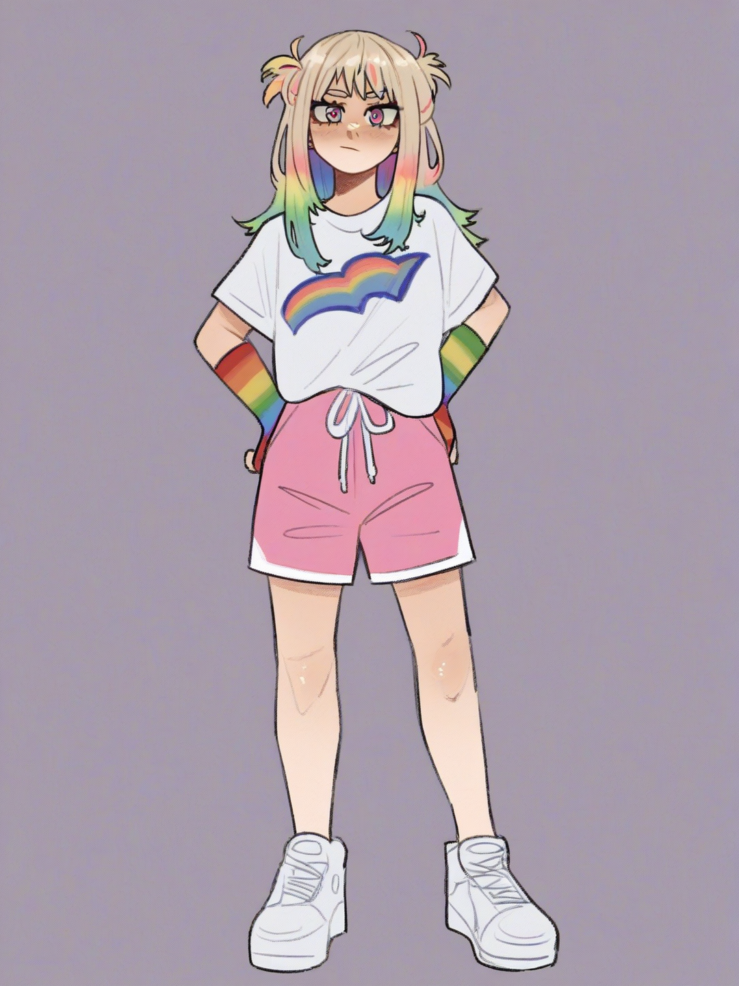 [soft-shaded-moe-style] 1girl, my_hero_academia_style, teenager, short, fair_skin, blonde_hair, rainbow_eyes, white_shirt, light_pink_shorts, rainbow_hair_clip, white_shoes, rainbow_striped_gloves, single_character, full_body, looking_at_viewer, anime_style, simple_background, white_background