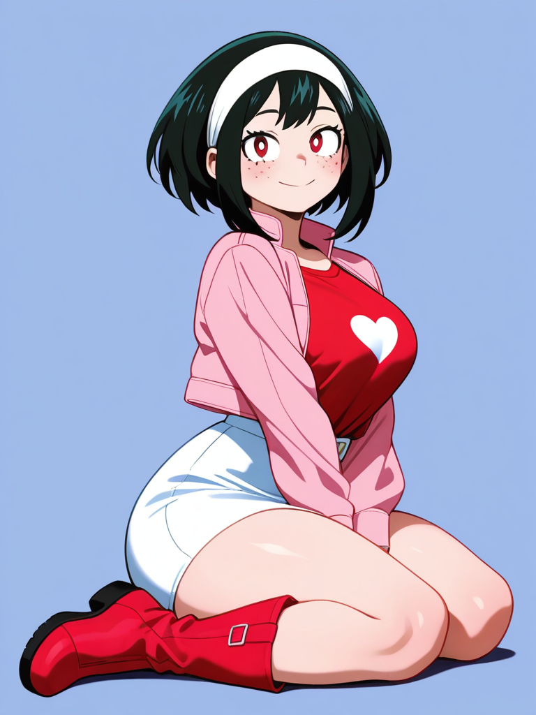 1girl, my_hero_academia_(style), curvy, black_hair, red_eyes, freckles, fair_skin, red_shirt, pink_jacket, white_skirt, heart_print, red_pink_boots, white_headband, single_character, full_body, looking_at_viewer, simple_background, white_background