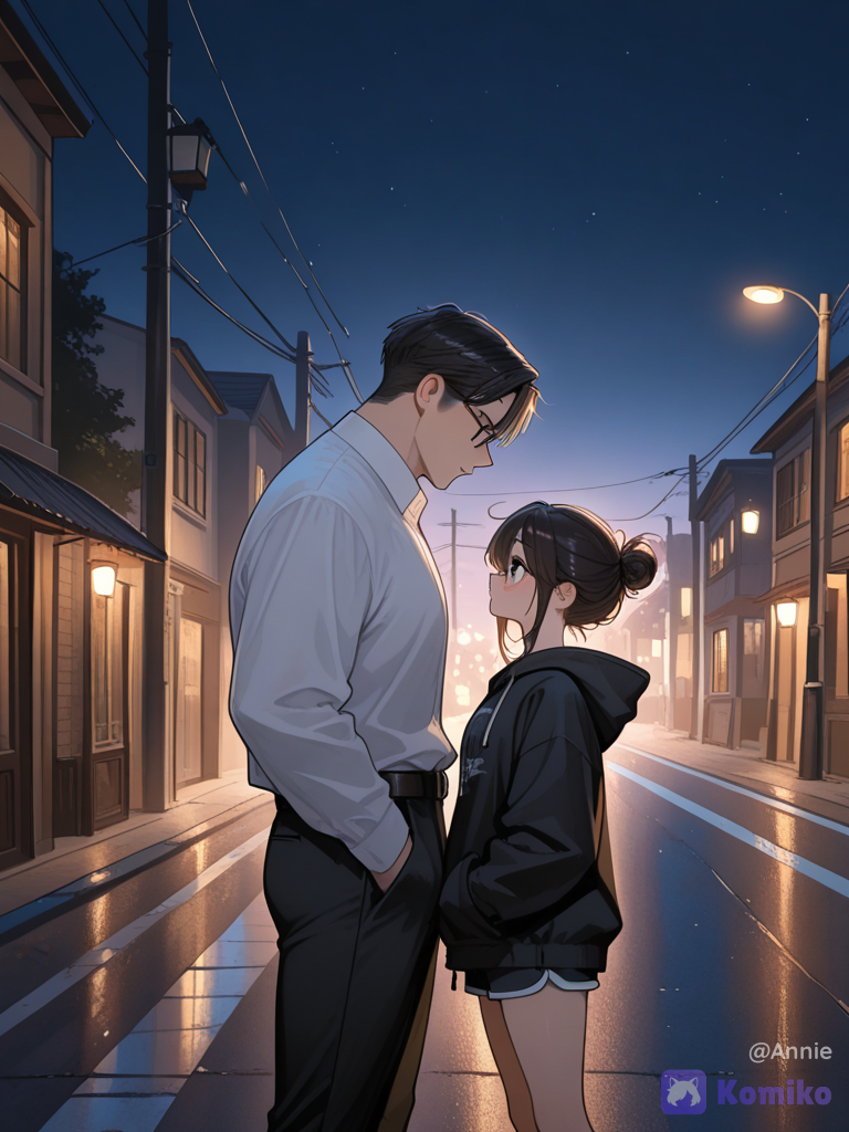One girl in oversized hoodie black colour and wearing shorts her hairs tie in messy bun and stand with a tall handsome guy wearing white shirt and black formal pant with wearing glasses on eyes . Both are standing on road i. Night