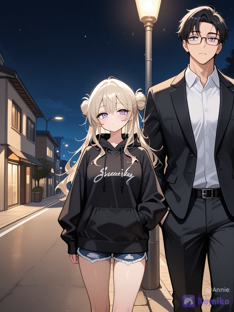 One girl in oversized hoodie black colour and wearing shorts her hairs tie in messy bun and stand with a tall guy wearing white shirt and black formal pant with wearing glasses on eyes . Both are standing on road i. Night