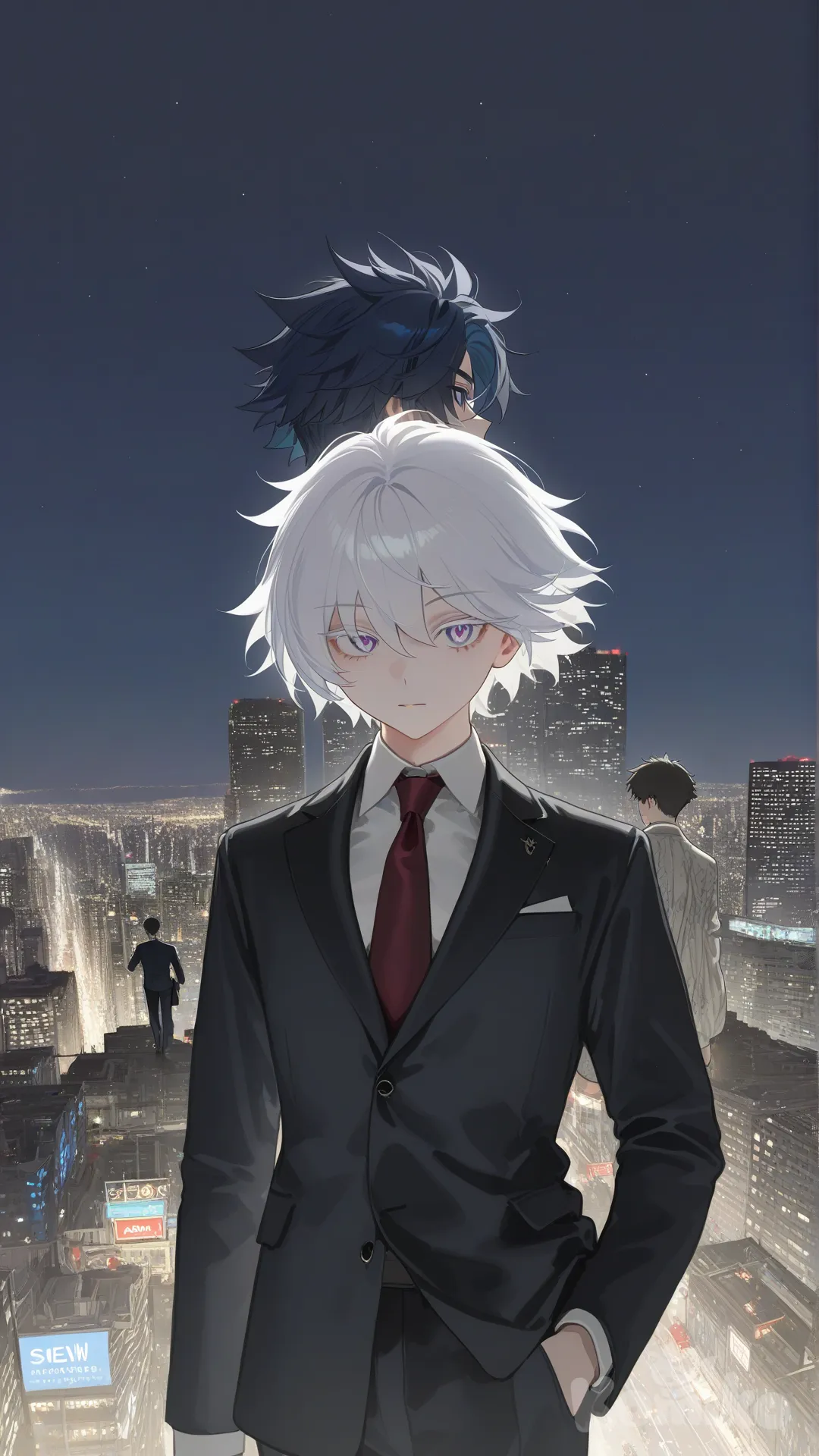 anime, manga cover, two males, white hair, blue hair tint, light blue eyes, black suit, red necktie, calm expression, confident, purple eyes, half face visible, back view, long black pants, dark city, glowing city lights, night scene, cinematic atmosphere, high-quality, vibrant colors, lighting, anime illustration