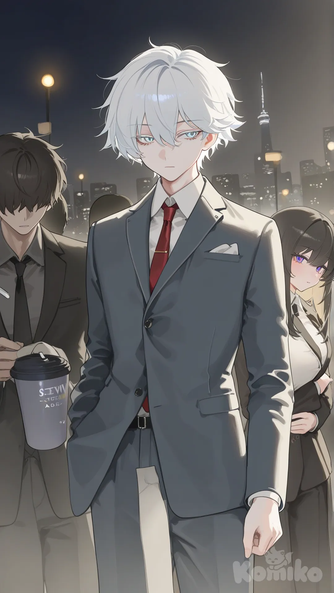anime-style manga cover featuring two male characters only, both with white hair, standing in a glowing dark city at night. The main character is in front — white hair with a light blue tint, parted to the side, light blue eyes, wearing an unbuttoned black suit and a red necktie, looking calm and confident. Behind him stands another white-haired man with purple eyes, showing only half of his face and the back of his black suit and long black pants. The city background is dark but full of bright lights, giving a cinematic and dramatic atmosphere. High-quality, vibrant anime illustration with lighting and coloring.