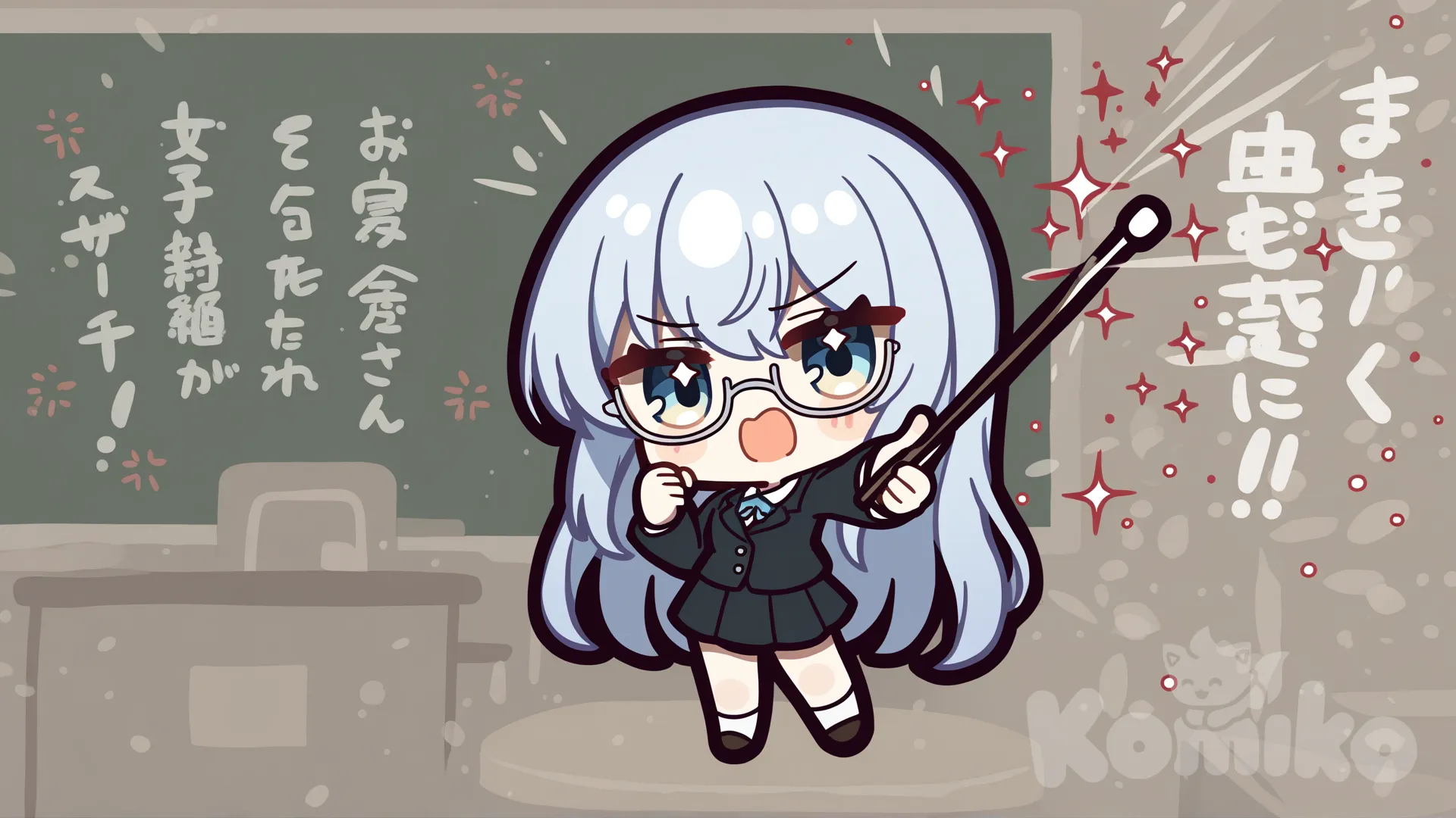 A long-haired light blue–haired woman with clear blue eyes stands in front of a classroom. She wears glasses, a black suit with red accents, and a short black skirt. She points a wooden pointer at the chalkboard while speaking in a scolding or complaining tone. The classroom background features floating glowing letter effects, creating a dramatic and dynamic atmosphere., [glossy-chibi-style]