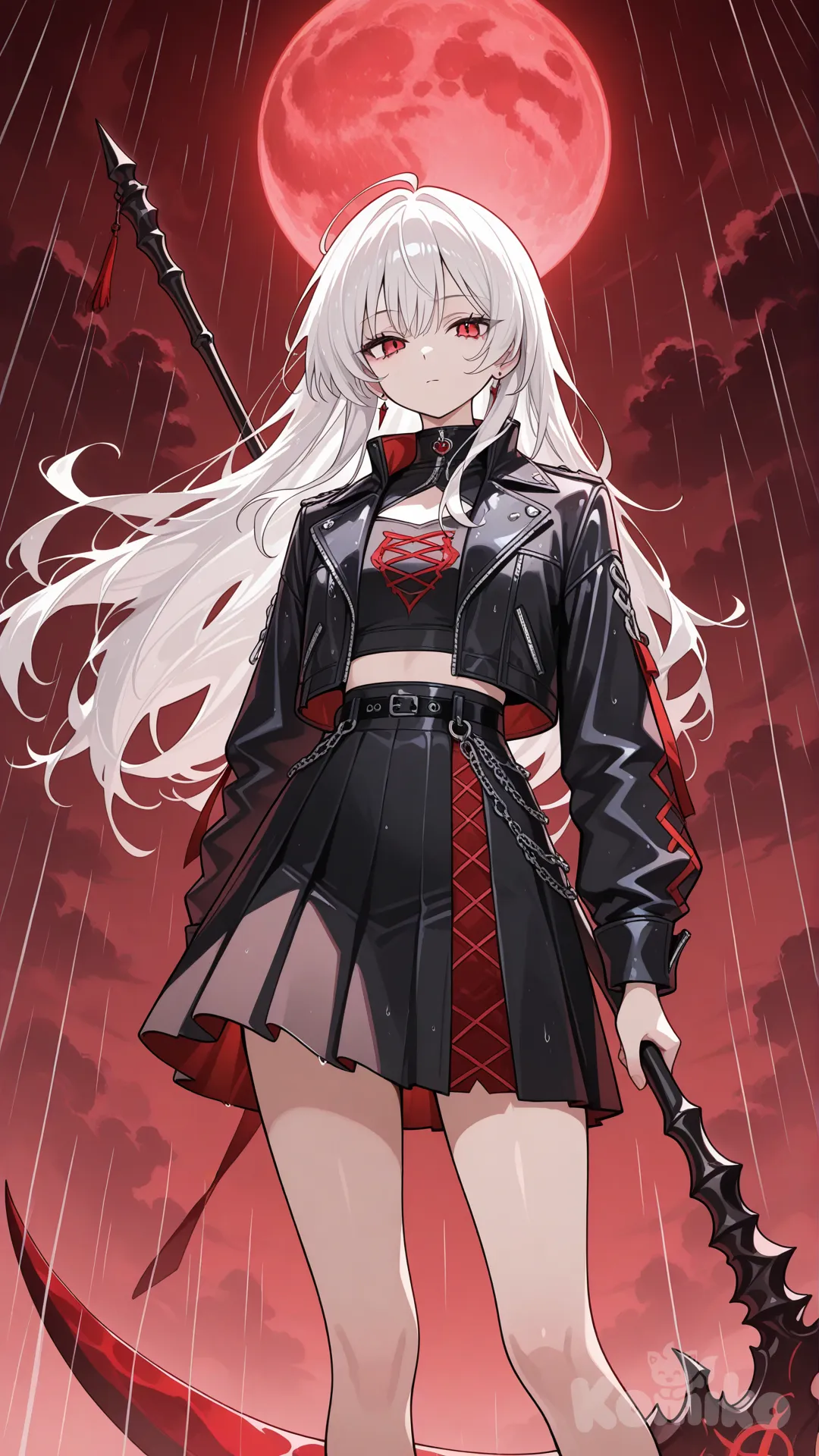 A tall, slender teenage girl with long white hair and deep red eyes, wearing a black jacket over a black inner top and a black skirt. She is shown in a half-body pose, holding a large scythe with a confident posture.
Background: a blood-red full moon, with heavy red rain falling around her.anime, expressionless