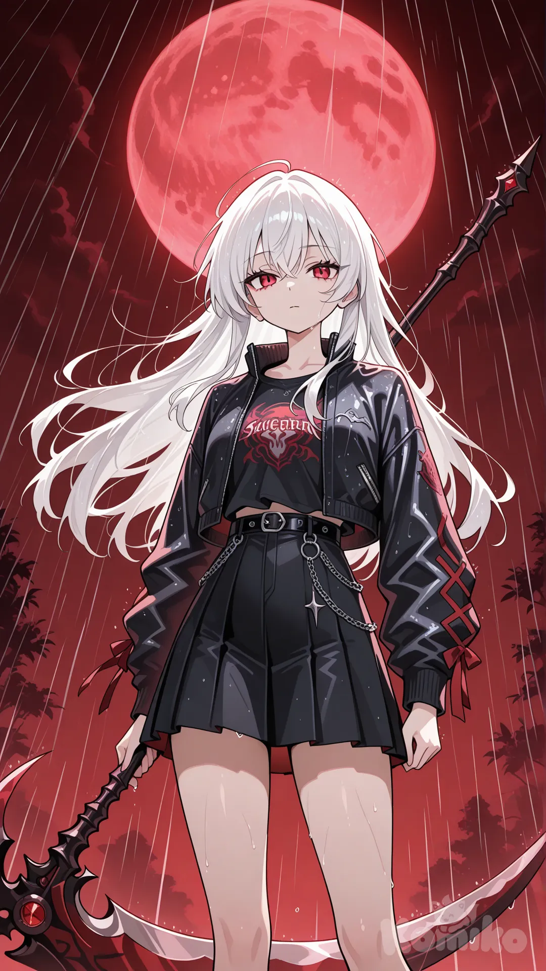 A tall, slender teenage girl with long white hair and deep red eyes, wearing a black jacket over a black inner top and a black skirt. She is shown in a half-body pose, holding a large scythe with a confident posture.
Background: a blood-red full moon, with heavy red rain falling around her.anime, expressionless