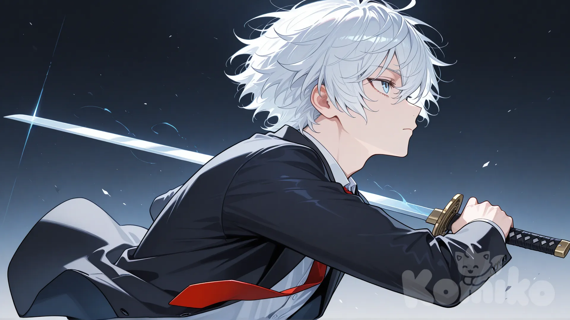 ตัวละครชายผมขาวยุ่งๆดวงตาสีฟ้าอ่อนใส่ชุดสูทปลด กระดุมสีดำเน็กไทค์สีแดง เสื้อด้านในสีขาวยืนครึ่งตัว , expressionless, frown anime, [glossy-anime-style], colored pencil (medium), holding swordตั้งท่าเตรียมพุ่งเข้าสู้เงยหน้า, side profile photo