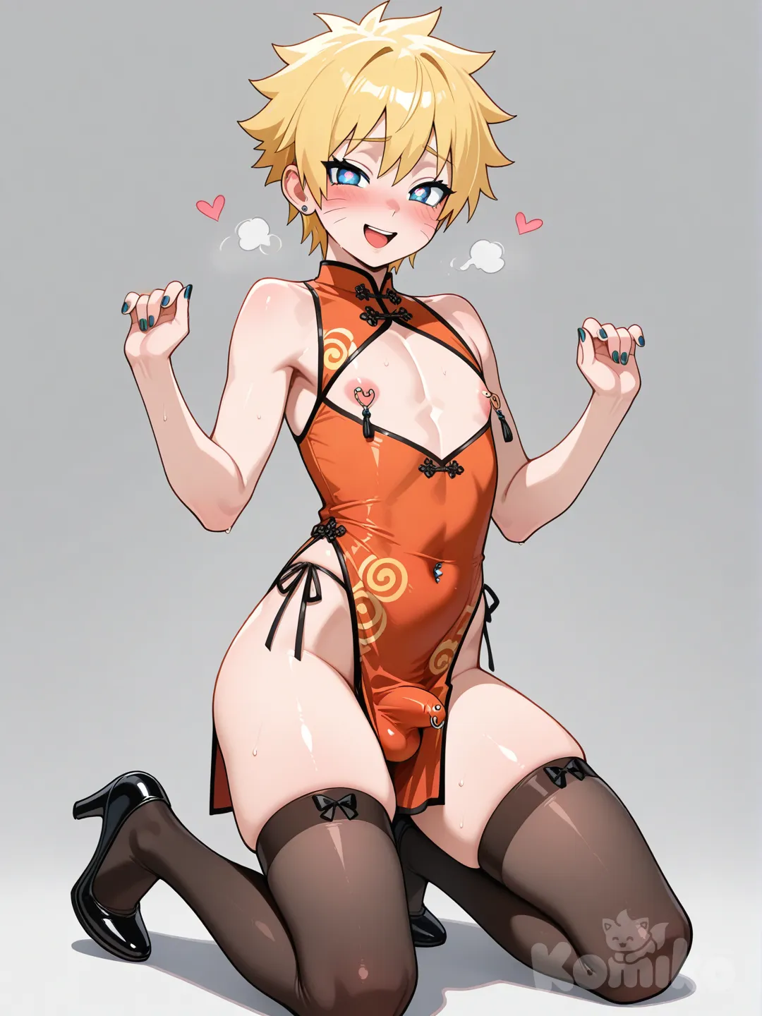 18+, 1 boy, bare shoulders, blond hair, blush, small bulge, cosplay, cross-dressing, male cross-dressing, femboy, androgynous, flat chest, flat chest, footwear, heart, low heels, tight and revealing Chinese outfit, exposed nipples, kneeling, man, nail polish, nipple piercing, penis piercing, kneeling, open mouth, blue eyes, short blond hair, heels, shoes, smiling, stockings, Uzumaki Naruto.