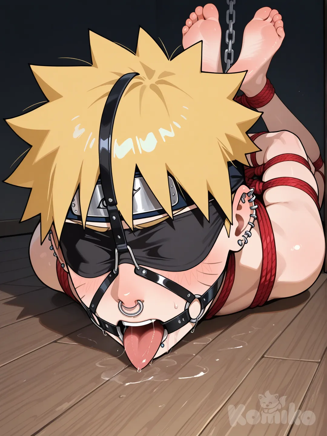 Naruto Uzumaki, completely nude, bondage outfit, sogas rojas, noisehook, gancho dentro de la nariz, nariz deformada, ring gag, linked piercing, nipple piercing, mouth piercing, arms behind back, legs folded, black blindfold, lengua afuera, saliva, en el piso, con el pecho en el piso, espalda arqueada, pies arriba, cuerpo doblado, headshot, upper body, front profile photo