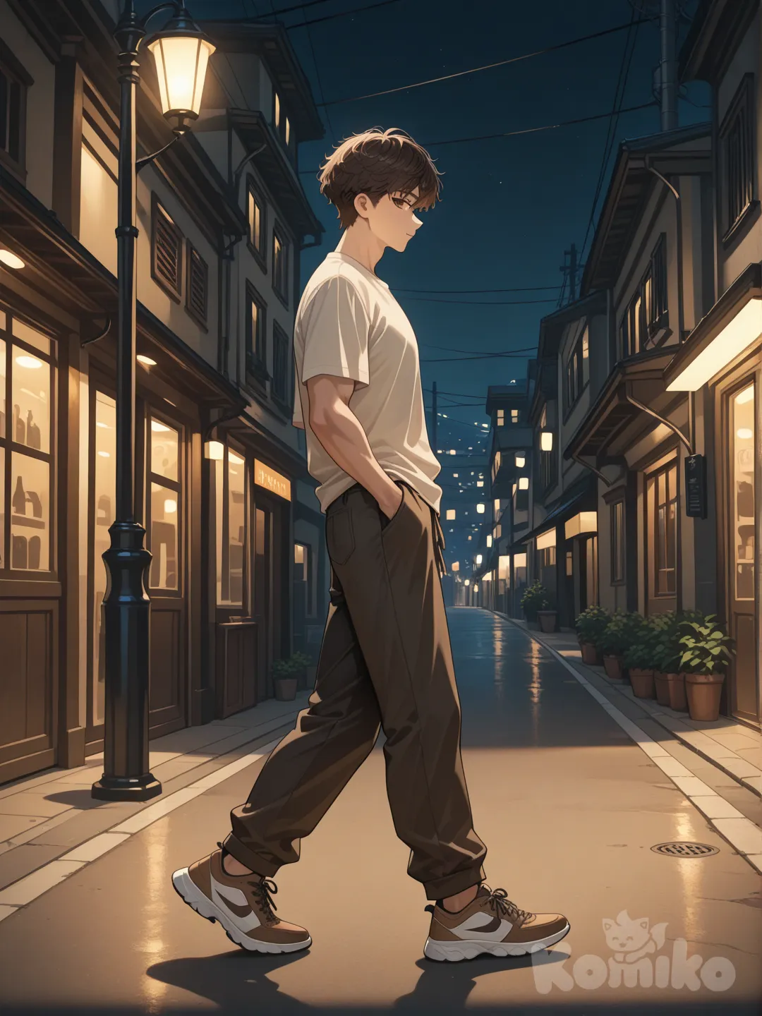 A boy with naturally slightly disheveled dark brown hair. He has deep brown eyes with a calm, not cold, but profound gaze that deepens with prolonged attention. He is of average height, well-proportioned, with a lean yet sturdy build and moderately broad shoulders. He's the type who walks and stands a lot, not needing to show off his strength, but you can tell he's not weak. He's strolling down a street at night. He has a quiet, reserved demeanor and speaks little.