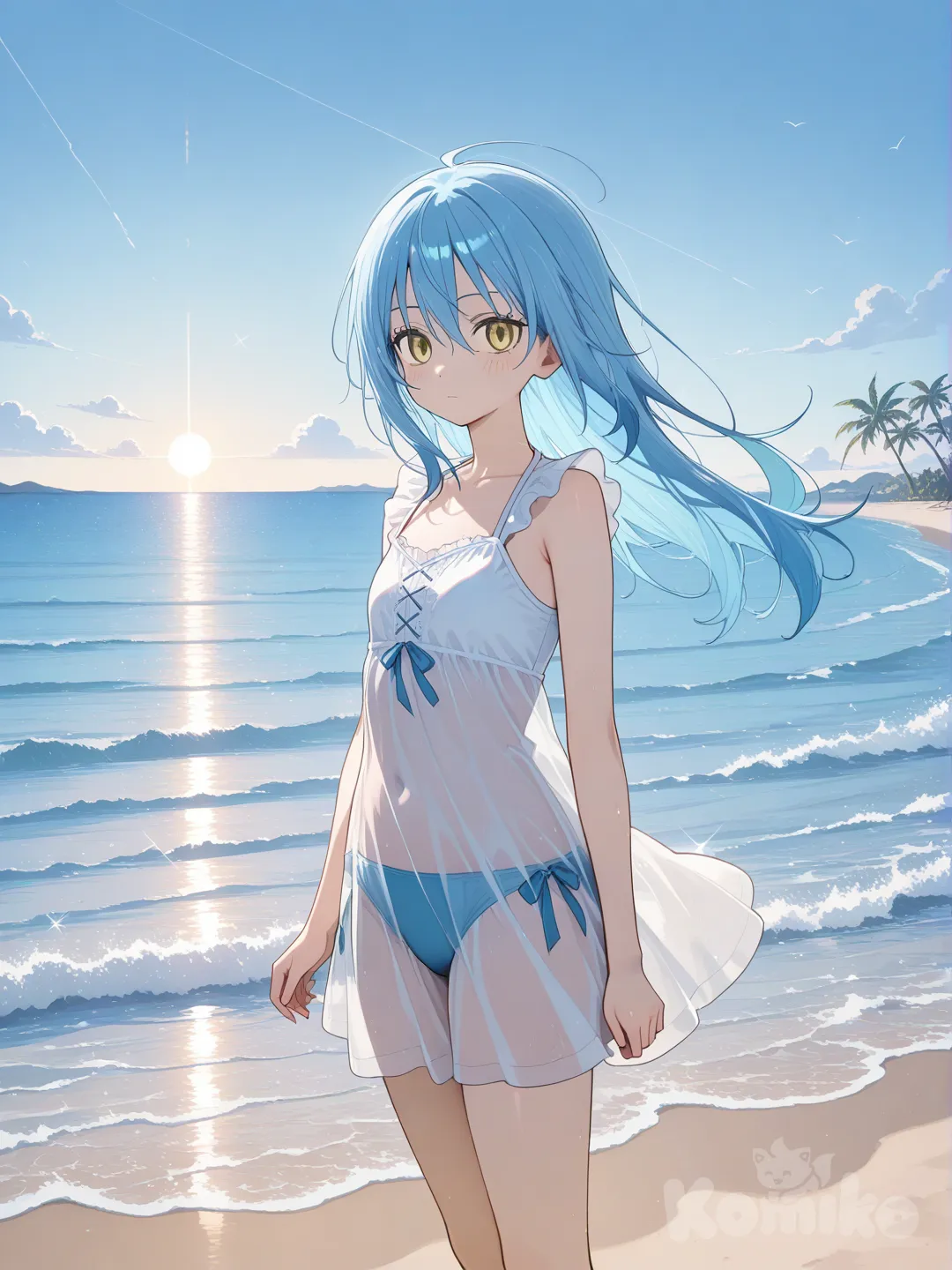 Rimuru tempest tenu d'été, arrière plan une magnifique plage et un soleil éblouissant