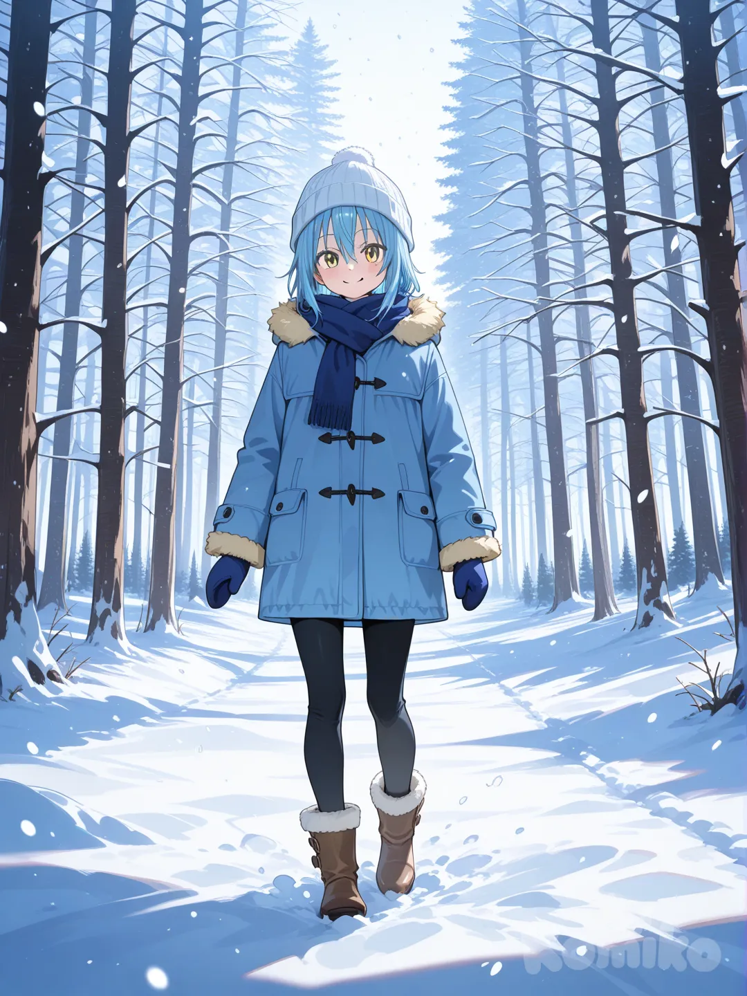 Rimuru tempest tenu d'hiver, arrière plan une magnifique tombé de neige