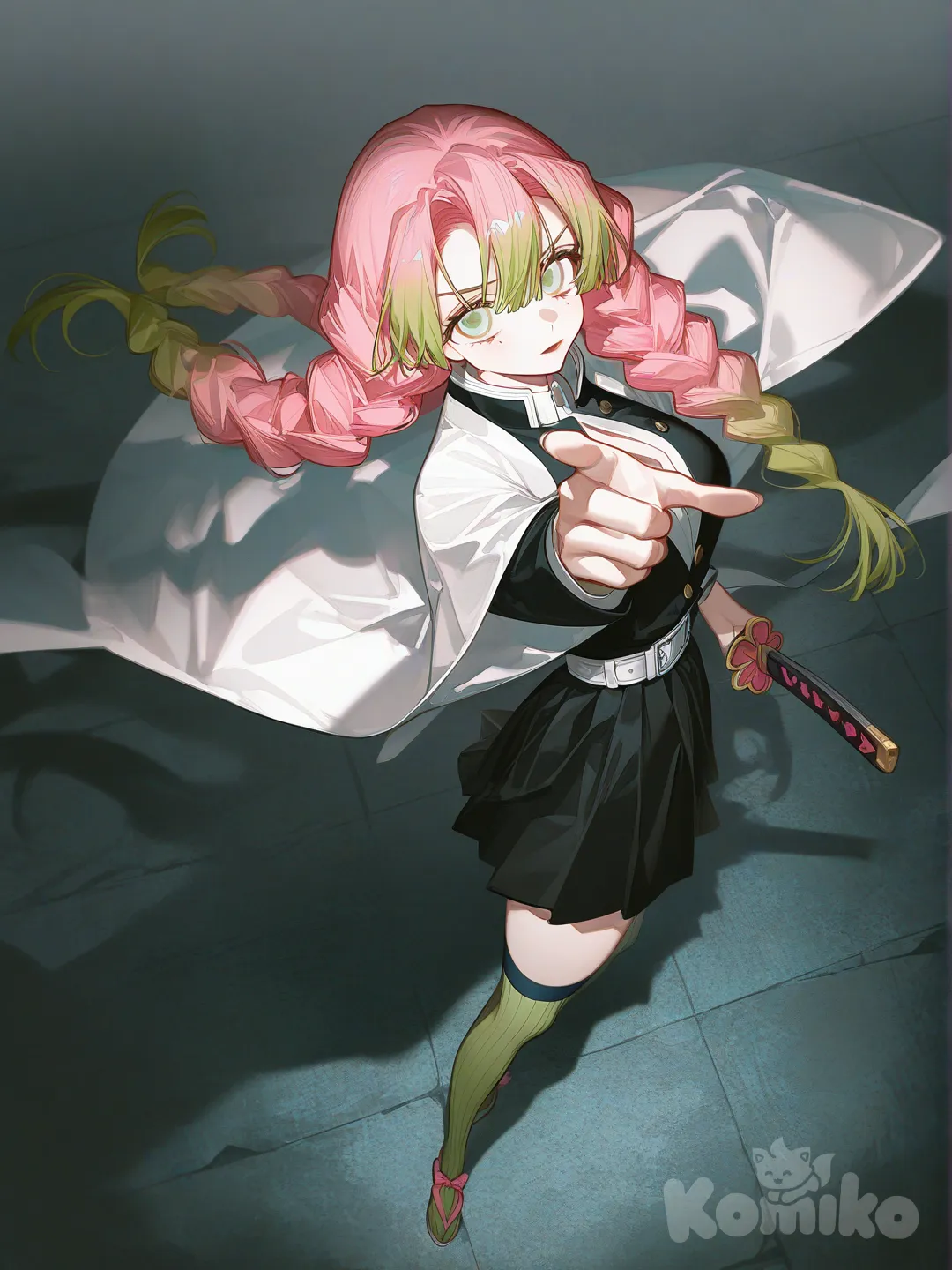 @Kanroji_Mitsuri, [high-contrast-glossy-style], pointing at viewer, holding sword, full body, looking at viewer, from above