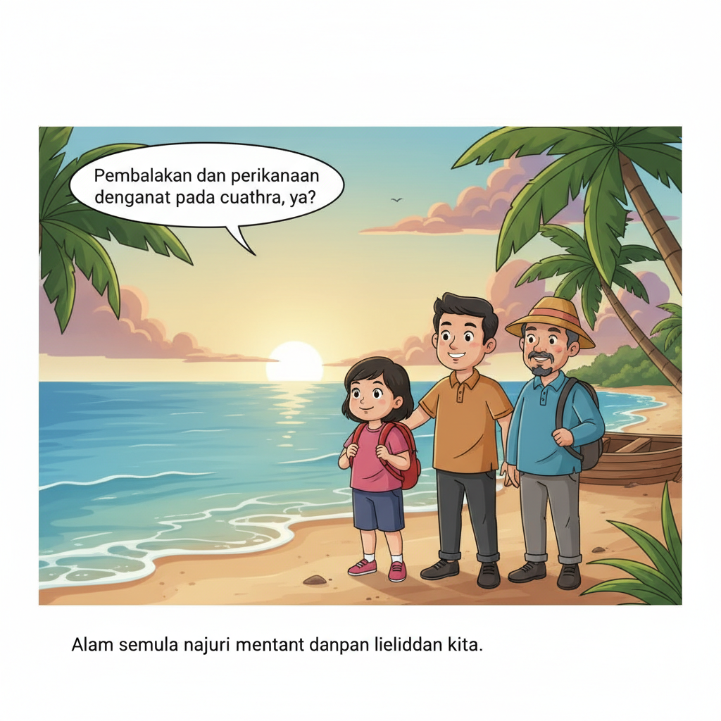 TITLE: Pembalakan dan Perikanan di Malaysia
STYLE: Educational Malaysian comic, bright tropical color palette, clean line art, soft shading.
ENVIRONMENT: Sunny tropical Malaysia — rainforest and seaside village.
LAYOUT: One page, 4 vertical columns (panels).
LIGHTING: Natural daylight, warm and soft.
TONE: Friendly, informative, for school students.[PANEL 1: HUTAN TROPIKA - PEMBALAKAN]SCENE DESCRIPTION:
Dense tropical rainforest with tall trees like cengal and meranti. A muddy logging road in the background. Shasha (student) and Encik Rahman (forestry officer) stand near the trees.
LIGHTING: Bright morning sunlight filtering through leaves.
CHARACTERS: Shasha, Encik Rahman.
DIALOGUE:
Narrator: Suhu tinggi dan hujan banyak menyebabkan hutan hujan tropika tumbuh subur di Malaysia.
Shasha: Cantiknya hutan ni, Encik Rahman!
Encik Rahman: Ya, Shasha. Tapi pembalakan sukar semasa musim tengkujuh sebab jalan licin dan bahaya tanah runtuh.[PANEL 2: PANTAI NELAYAN - MUSIM TENGKUJUH]SCENE DESCRIPTION:
A small fishing village by the sea. Waves look rough from the monsoon. Pak Salleh sits near a wooden boat fixing a fishing net. Shasha stands nearby watching.
LIGHTING: Cloudy and windy, soft grey light.
CHARACTERS: Shasha, Pak Salleh.
DIALOGUE:
Narrator: Pada musim tengkujuh, laut bergelora dan nelayan tidak turun ke laut.
Shasha: Pak Salleh, kenapa tak menangkap ikan hari ni?
Pak Salleh: Laut bergelora, Shasha. Sekarang kami baiki pukat dulu.[PANEL 3: PINGGIR PANTAI - CUACA PANAS]SCENE DESCRIPTION:
Same fishing village but now sunny. Fishermen are drying fish on racks under the sun. The sea is calm and bright.
LIGHTING: Warm afternoon sunlight, clear blue sky.
CHARACTERS: Shasha, Pak Salleh.
DIALOGUE:
Narrator: Semasa cuaca panas, nelayan menjemur ikan di darat.
Shasha: Wah, banyaknya ikan kering!
Pak Salleh: Ini untuk dijual bila musim hujan nanti.[PANEL 4: PENUTUP - PERSISIR PANTAI TENANG]SCENE DESCRIPTION:
Shasha, Encik Rahman, and Pak Salleh stand together looking at the calm sea and clear sky. Gentle sunlight, peaceful scene.
LIGHTING: Golden evening glow.
CHARACTERS: Shasha, Encik Rahman, Pak Salleh.
DIALOGUE:
Shasha: Rupa-rupanya pembalakan dan perikanan bergantung pada cuaca, ya?
Encik Rahman: Betul, Shasha. Alam semula jadi penting dalam kehidupan kita.
Narrator: Musim tengkujuh = Musim hujan lebat di Malaysia.