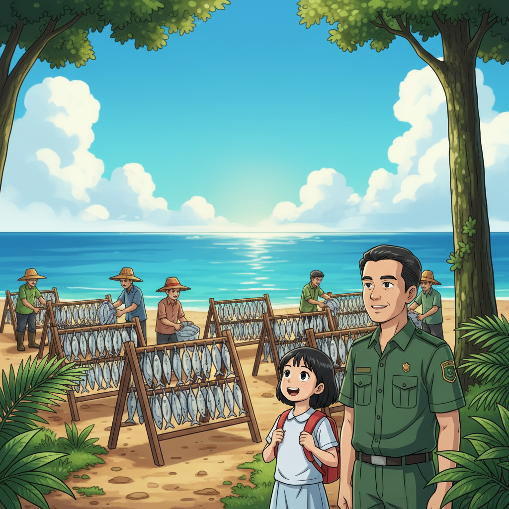 TITLE: Pembalakan dan Perikanan di Malaysia
STYLE: Educational Malaysian comic, bright tropical color palette, clean line art, soft shading.
ENVIRONMENT: Sunny tropical Malaysia — rainforest and seaside village.
LAYOUT: One page, 4 vertical columns (panels).
LIGHTING: Natural daylight, warm and soft.
TONE: Friendly, informative, for school students.[PANEL 1: HUTAN TROPIKA - PEMBALAKAN]SCENE DESCRIPTION:
Dense tropical rainforest with tall trees like cengal and meranti. A muddy logging road in the background. Shasha (student) and Encik Rahman (forestry officer) stand near the trees.
LIGHTING: Bright morning sunlight filtering through leaves.
CHARACTERS: Shasha, Encik Rahman.
DIALOGUE:
Narrator: Suhu tinggi dan hujan banyak menyebabkan hutan hujan tropika tumbuh subur di Malaysia.
Shasha: Cantiknya hutan ni, Encik Rahman!
Encik Rahman: Ya, Shasha. Tapi pembalakan sukar semasa musim tengkujuh sebab jalan licin dan bahaya tanah runtuh.[PANEL 2: PANTAI NELAYAN - MUSIM TENGKUJUH]SCENE DESCRIPTION:
A small fishing village by the sea. Waves look rough from the monsoon. Pak Salleh sits near a wooden boat fixing a fishing net. Shasha stands nearby watching.
LIGHTING: Cloudy and windy, soft grey light.
CHARACTERS: Shasha, Pak Salleh.
DIALOGUE:
Narrator: Pada musim tengkujuh, laut bergelora dan nelayan tidak turun ke laut.
Shasha: Pak Salleh, kenapa tak menangkap ikan hari ni?
Pak Salleh: Laut bergelora, Shasha. Sekarang kami baiki pukat dulu.[PANEL 3: PINGGIR PANTAI - CUACA PANAS]SCENE DESCRIPTION:
Same fishing village but now sunny. Fishermen are drying fish on racks under the sun. The sea is calm and bright.
LIGHTING: Warm afternoon sunlight, clear blue sky.
CHARACTERS: Shasha, Pak Salleh.
DIALOGUE:
Narrator: Semasa cuaca panas, nelayan menjemur ikan di darat.
Shasha: Wah, banyaknya ikan kering!
Pak Salleh: Ini untuk dijual bila musim hujan nanti.[PANEL 4: PENUTUP - PERSISIR PANTAI TENANG]SCENE DESCRIPTION:
Shasha, Encik Rahman, and Pak Salleh stand together looking at the calm sea and clear sky. Gentle sunlight, peaceful scene.
LIGHTING: Golden evening glow.
CHARACTERS: Shasha, Encik Rahman, Pak Salleh.
DIALOGUE:
Shasha: Rupa-rupanya pembalakan dan perikanan bergantung pada cuaca, ya?
Encik Rahman: Betul, Shasha. Alam semula jadi penting dalam kehidupan kita.
Narrator: Musim tengkujuh = Musim hujan lebat di Malaysia.
