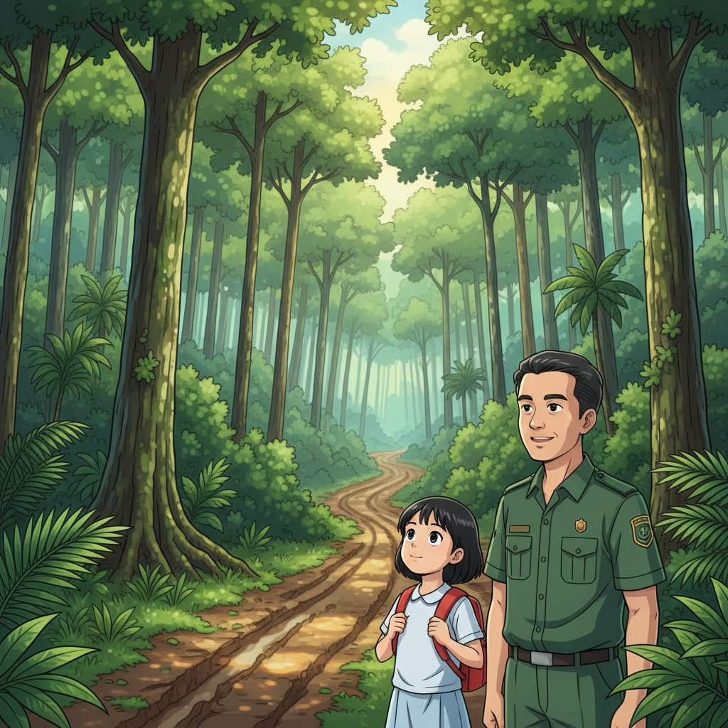 TITLE: Pembalakan dan Perikanan di Malaysia
STYLE: Educational Malaysian comic, bright tropical color palette, clean line art, soft shading.
ENVIRONMENT: Sunny tropical Malaysia — rainforest and seaside village.
LAYOUT: One page, 4 vertical columns (panels).
LIGHTING: Natural daylight, warm and soft.
TONE: Friendly, informative, for school students.[PANEL 1: HUTAN TROPIKA - PEMBALAKAN]SCENE DESCRIPTION:
Dense tropical rainforest with tall trees like cengal and meranti. A muddy logging road in the background. Shasha (student) and Encik Rahman (forestry officer) stand near the trees.
LIGHTING: Bright morning sunlight filtering through leaves.
CHARACTERS: Shasha, Encik Rahman.
DIALOGUE:
Narrator: Suhu tinggi dan hujan banyak menyebabkan hutan hujan tropika tumbuh subur di Malaysia.
Shasha: Cantiknya hutan ni, Encik Rahman!
Encik Rahman: Ya, Shasha. Tapi pembalakan sukar semasa musim tengkujuh sebab jalan licin dan bahaya tanah runtuh.[PANEL 2: PANTAI NELAYAN - MUSIM TENGKUJUH]SCENE DESCRIPTION:
A small fishing village by the sea. Waves look rough from the monsoon. Pak Salleh sits near a wooden boat fixing a fishing net. Shasha stands nearby watching.
LIGHTING: Cloudy and windy, soft grey light.
CHARACTERS: Shasha, Pak Salleh.
DIALOGUE:
Narrator: Pada musim tengkujuh, laut bergelora dan nelayan tidak turun ke laut.
Shasha: Pak Salleh, kenapa tak menangkap ikan hari ni?
Pak Salleh: Laut bergelora, Shasha. Sekarang kami baiki pukat dulu.[PANEL 3: PINGGIR PANTAI - CUACA PANAS]SCENE DESCRIPTION:
Same fishing village but now sunny. Fishermen are drying fish on racks under the sun. The sea is calm and bright.
LIGHTING: Warm afternoon sunlight, clear blue sky.
CHARACTERS: Shasha, Pak Salleh.
DIALOGUE:
Narrator: Semasa cuaca panas, nelayan menjemur ikan di darat.
Shasha: Wah, banyaknya ikan kering!
Pak Salleh: Ini untuk dijual bila musim hujan nanti.[PANEL 4: PENUTUP - PERSISIR PANTAI TENANG]SCENE DESCRIPTION:
Shasha, Encik Rahman, and Pak Salleh stand together looking at the calm sea and clear sky. Gentle sunlight, peaceful scene.
LIGHTING: Golden evening glow.
CHARACTERS: Shasha, Encik Rahman, Pak Salleh.
DIALOGUE:
Shasha: Rupa-rupanya pembalakan dan perikanan bergantung pada cuaca, ya?
Encik Rahman: Betul, Shasha. Alam semula jadi penting dalam kehidupan kita.
Narrator: Musim tengkujuh = Musim hujan lebat di Malaysia.