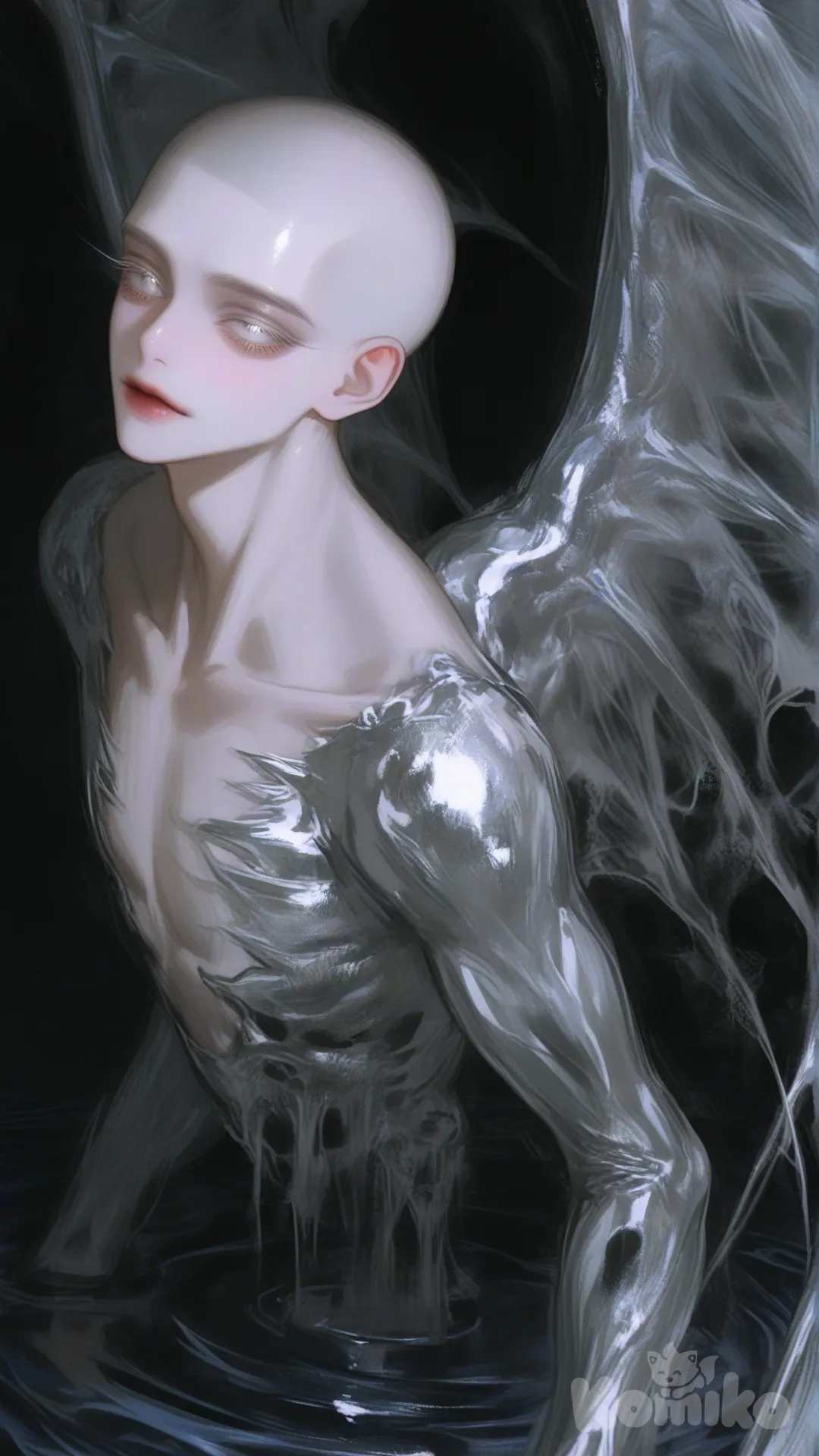 An ancient, alien being with a slender, metallic body levitating in translucent silver liquid. Its skin is metallic, rippling with wave-like patterns that glow with a soft, ethereal light. The being has no mouth or nose, but three glowing white eyes in a perfect, symmetrical arrangement on its head. The head has no hair and no skin, just silky metallic reflective sheen. The body is humanoid but elongated and graceful, with four long, spindly arms ending in delicate, claw-like fingers. Large, radiant wings sprout from its back, glowing with waves of bright, shimmering light. The background is dark and sterile, with the body emphasizing its ancient, otherworldly nature. The being radiates an unsettling aura, evoking the feeling of being beyond mortal comprehension. [semi-realistic-portrait-style]
