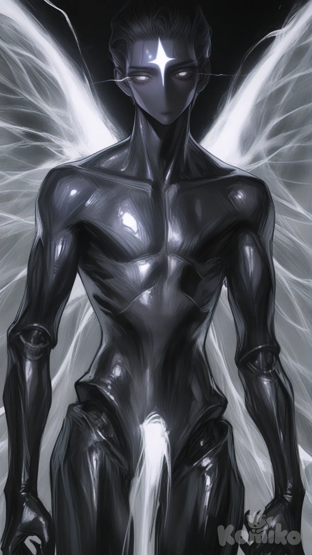 An ancient, alien being with a slender, metallic body standing straight, levitating. The skin is metallic, smooth, and ripples with wave-like patterns that glow with an ethereal light. The being has three glowing white eyes arranged symmetrically on its head, which is sleek and angular, with no mouth or nose, just a sharp, intelligent presence. The body is humanoid, elongated, with four long, spindly arms ending in delicate, claw-like fingers. Radiant wings extend from its back, glowing with waves of bright, shimmering light. The being stands tall and regal, exuding an unsettling aura of otherworldly intelligence and power. [semi-realistic-portrait-style]