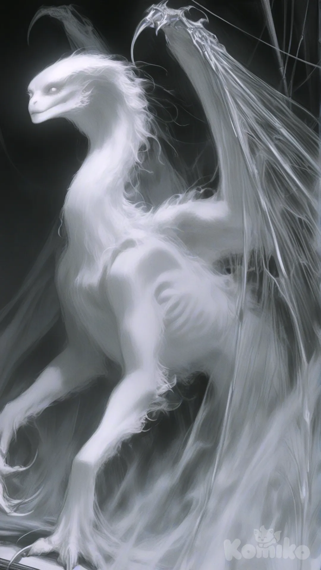 An ancient, alien being with a slender, metallic body, standing upright in a large, sterile laboratory. Its skin is metallic, smooth, and ripples with wave-like patterns that glow with an ethereal light. The being has no mouth or nose, but instead features three glowing white eyes arranged symmetrically on its head, which is distinctly non-human, sleek and angular, with a perfectly smooth face—no facial features like a nose or mouth, but a sharp, intelligent presence. The body is humanoid, elongated, and graceful, with four long, spindly arms ending in delicate, claw-like fingers. Radiant wings extend from its back, glowing with waves of bright, shimmering light. Tubes and cables are connected to various parts of its body, indicating its life support system. The being stands in a majestic, regal posture, with a quiet but unsettling aura, evoking the feeling of being beyond mortal comprehension. The lab is dark and sterile, with the glass container around the body emphasizing the alien and ancient nature of the being. The background is shadowed, highlighting the contrast between the cold machinery and the ethereal presence of the Broker in this form. The being radiates an unsettling aura, as if it is a being that transcends both life and death, awaiting the return of its true consciousness. [semi-realistic-portrait-style]