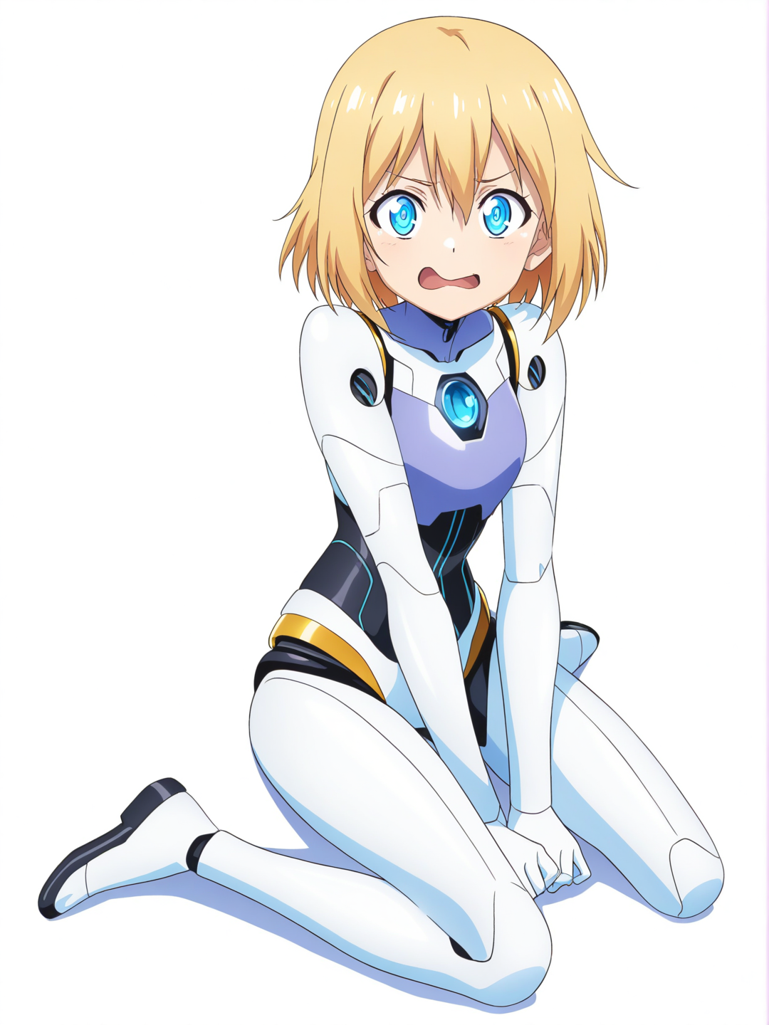 [pop-anime-style] 1girl, android, beautiful, feminine, soft blonde hair, glowing blue eyes, warm synthetic skin, expressive face, innocent, adorable, devoted expression, single character, full body, looking at viewer, anime style, simple background, white background