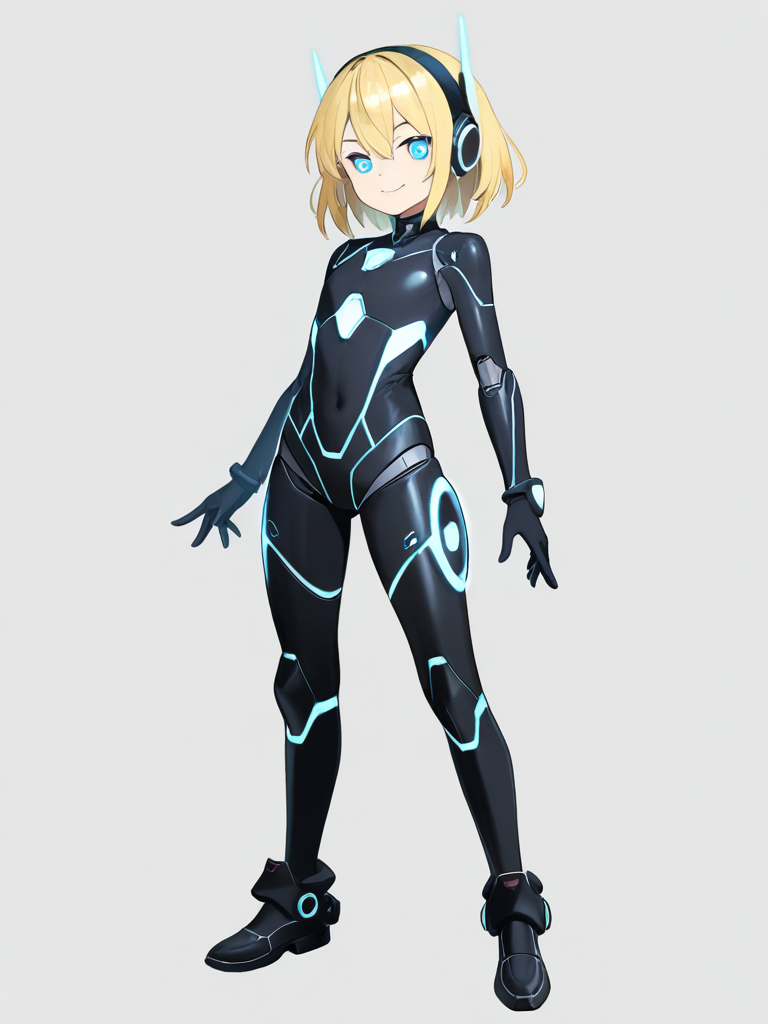 1girl, android, beautiful, feminine, soft blonde hair, glowing blue eyes, warm synthetic skin, expressive face, innocent, adorable, devoted expression, single character, full body, looking at viewer, anime style, simple background, white background