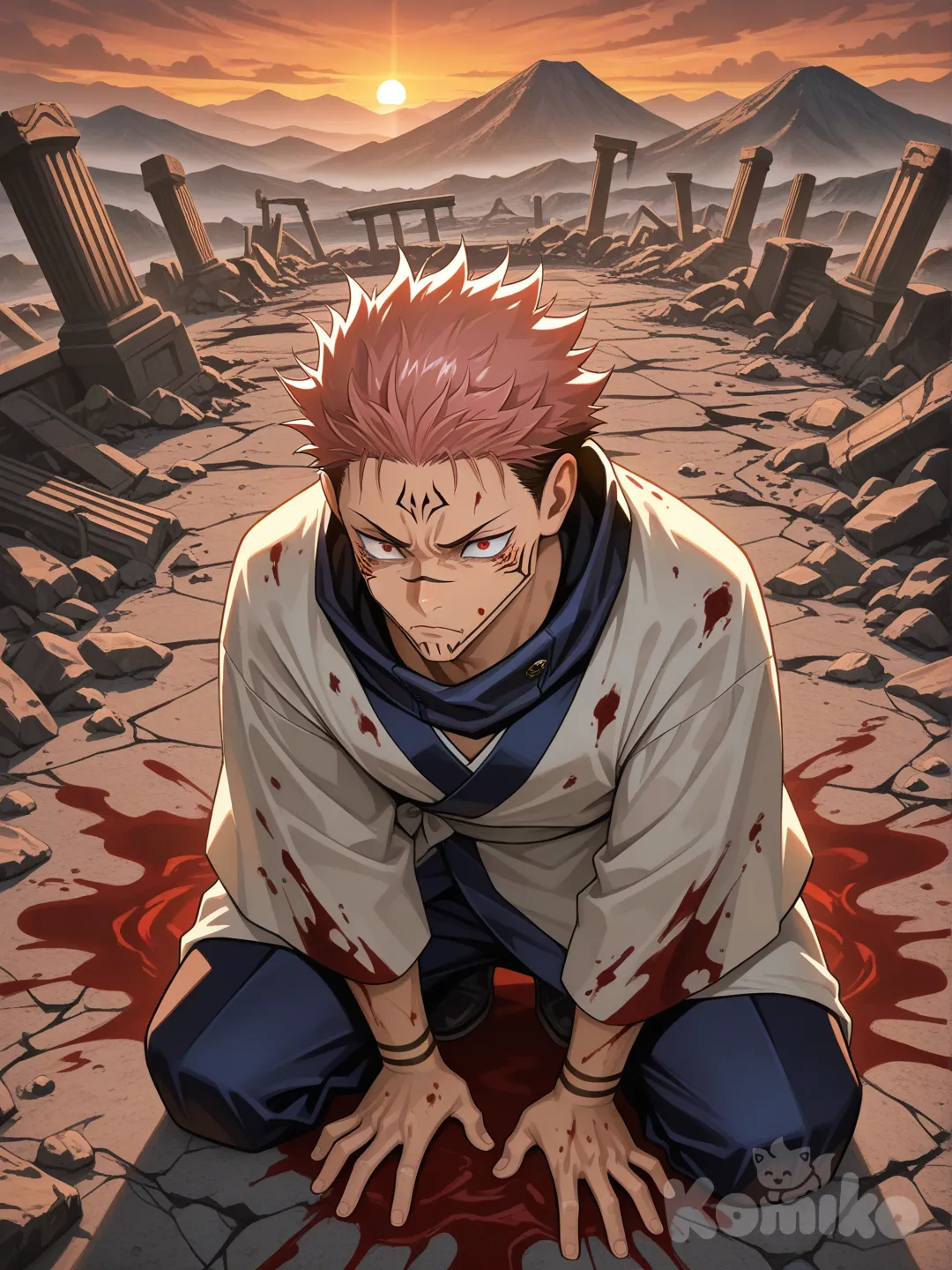 @Ryoumen_Sukuna_(Jujutsu_Kaisen), kneeling, angry, scared, frown, pain, high angle, sunset, ruins, mountain, mist, blood on ground, blood on clothes