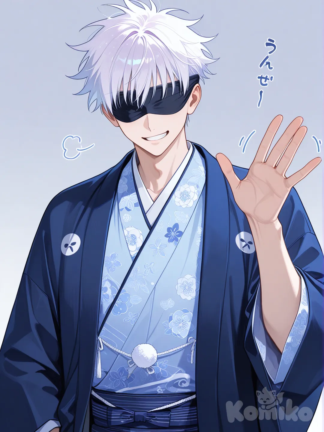 Gojou_Satoru, waving, smirk, light blue and dark blue fancy kimono